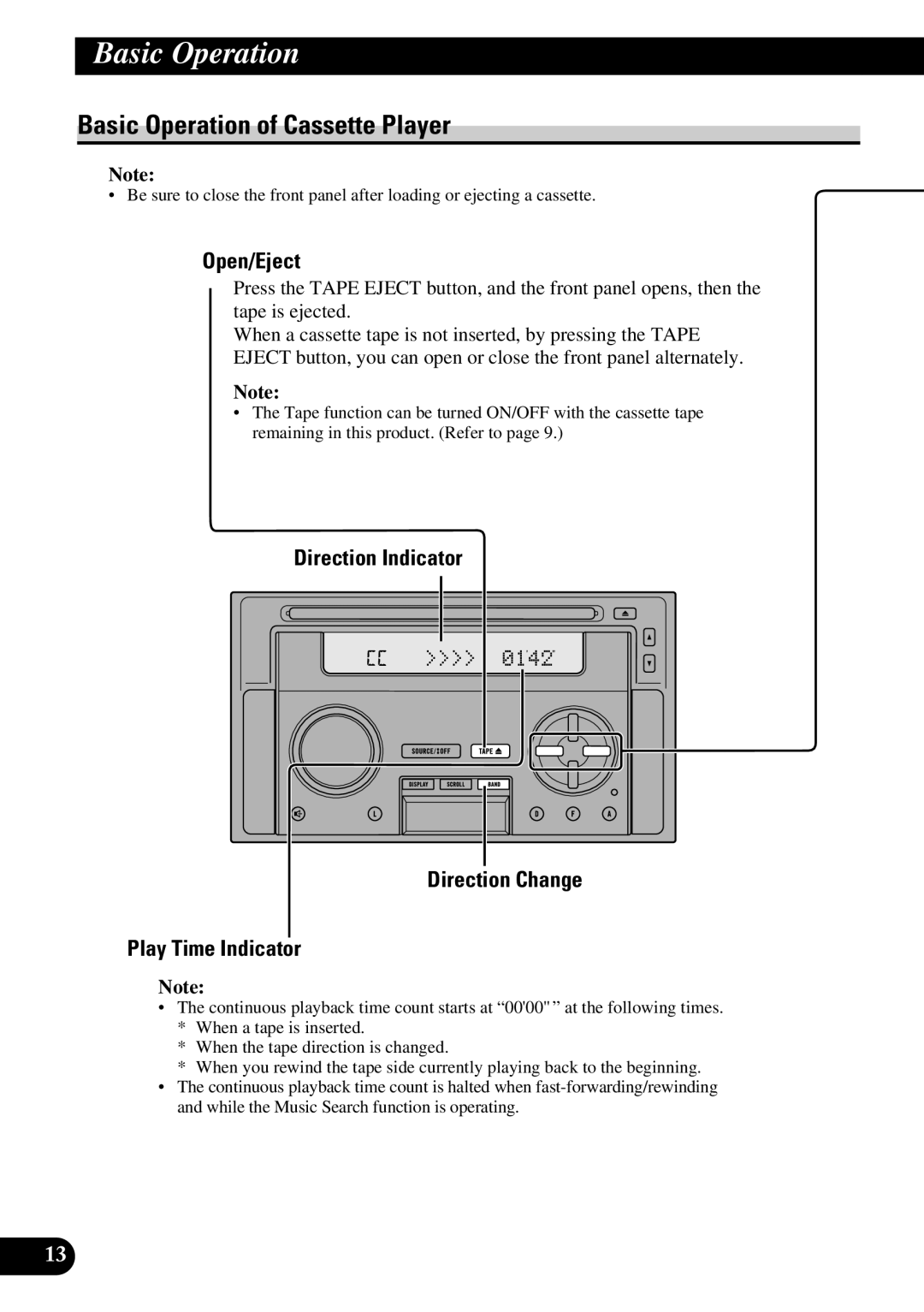 Pioneer FH-P8800 Basic Operation of Cassette Player, Open/Eject, Direction Indicator Direction Change Play Time Indicator 