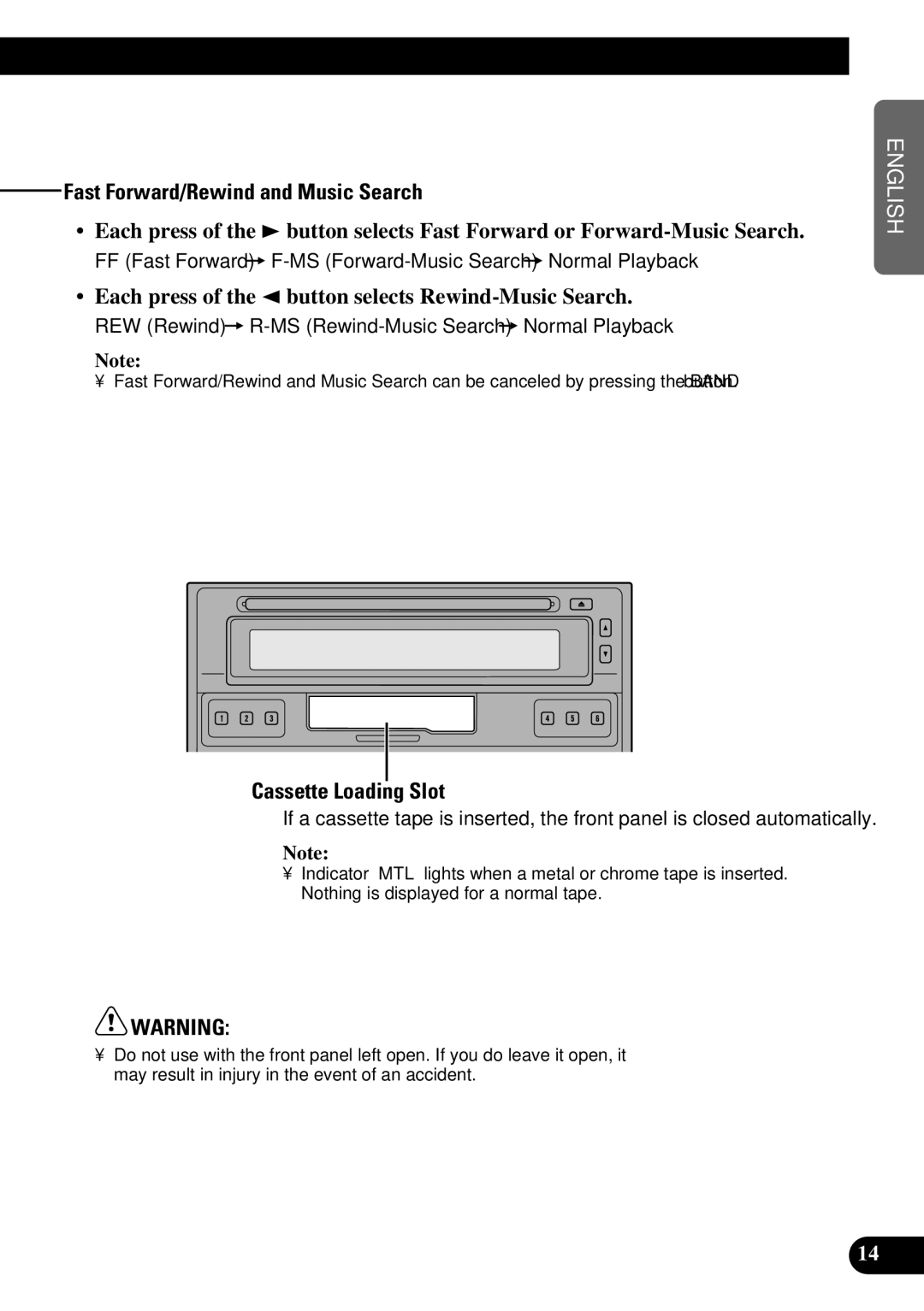 Pioneer FH-P8800 Fast Forward/Rewind and Music Search, Each press of the 2 button selects Rewind-Music Search 