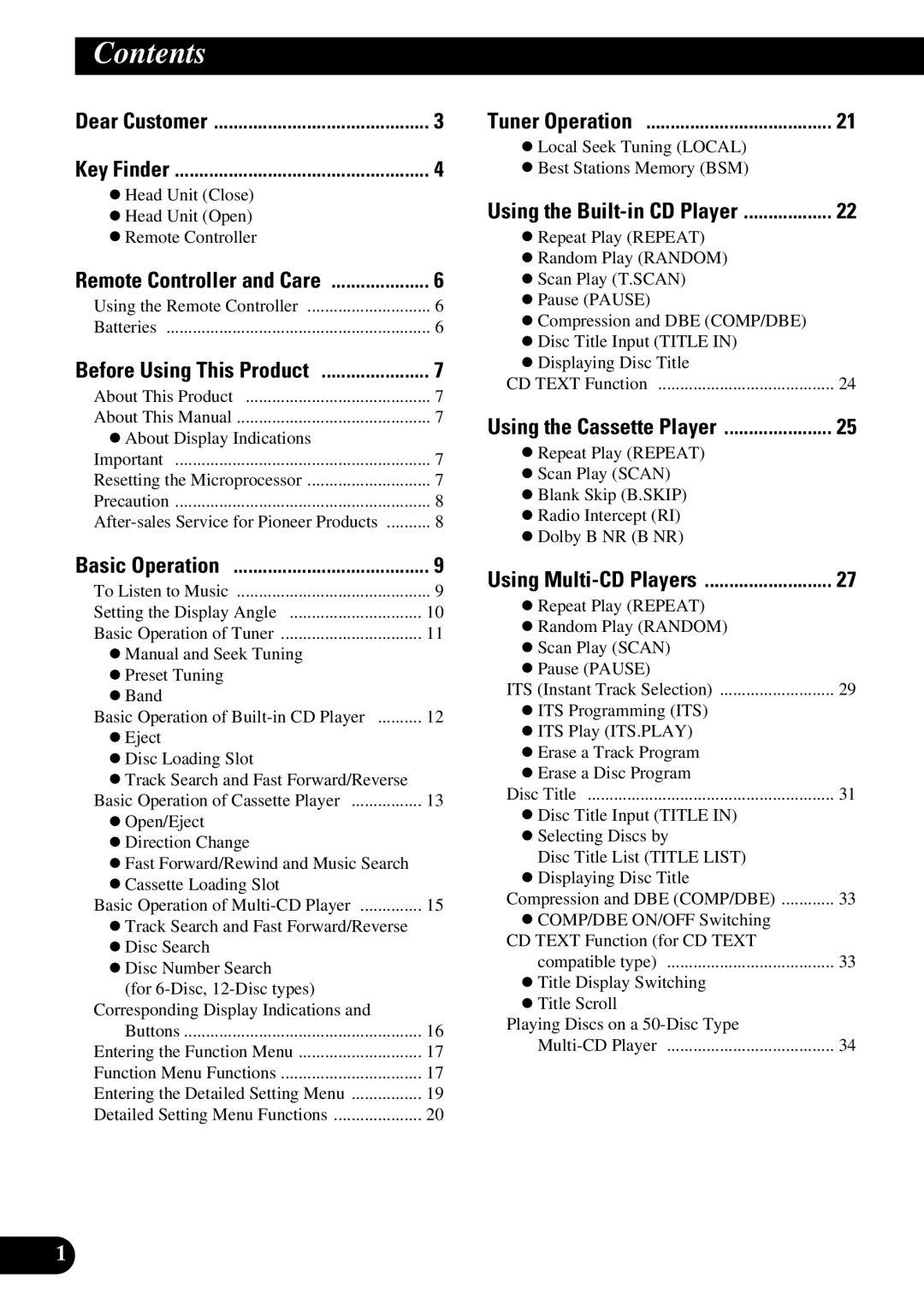 Pioneer FH-P8800 operation manual Contents 