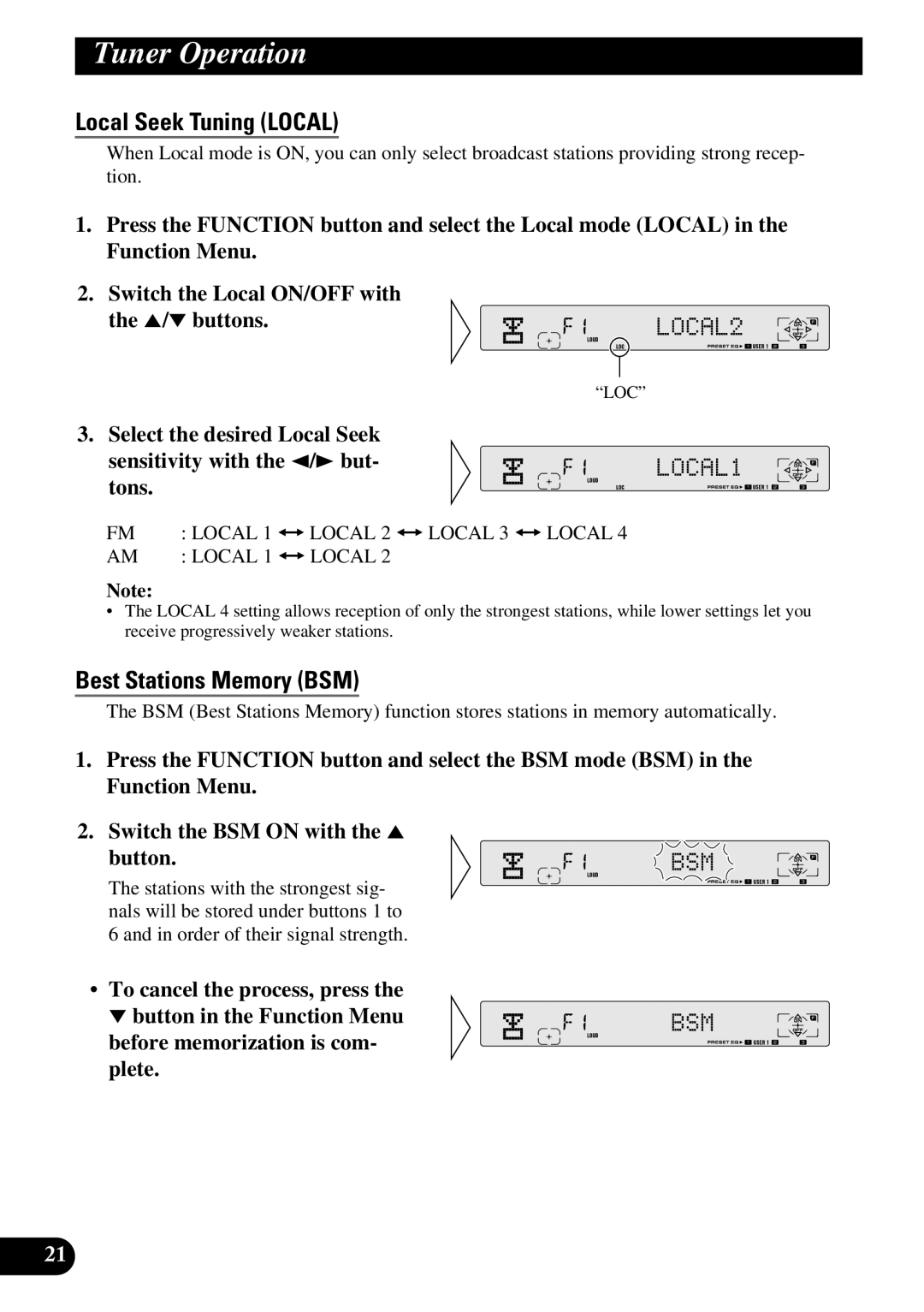 Pioneer FH-P8800 operation manual Tuner Operation, Local Seek Tuning Local, Best Stations Memory BSM 