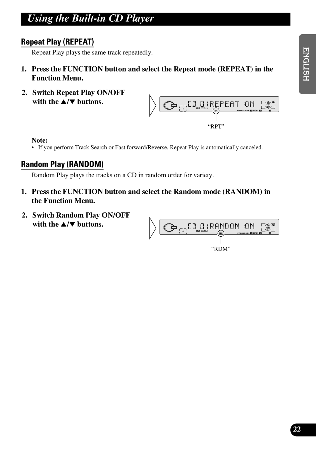 Pioneer FH-P8800 operation manual Using the Built-in CD Player, Repeat Play Repeat, Random Play Random 