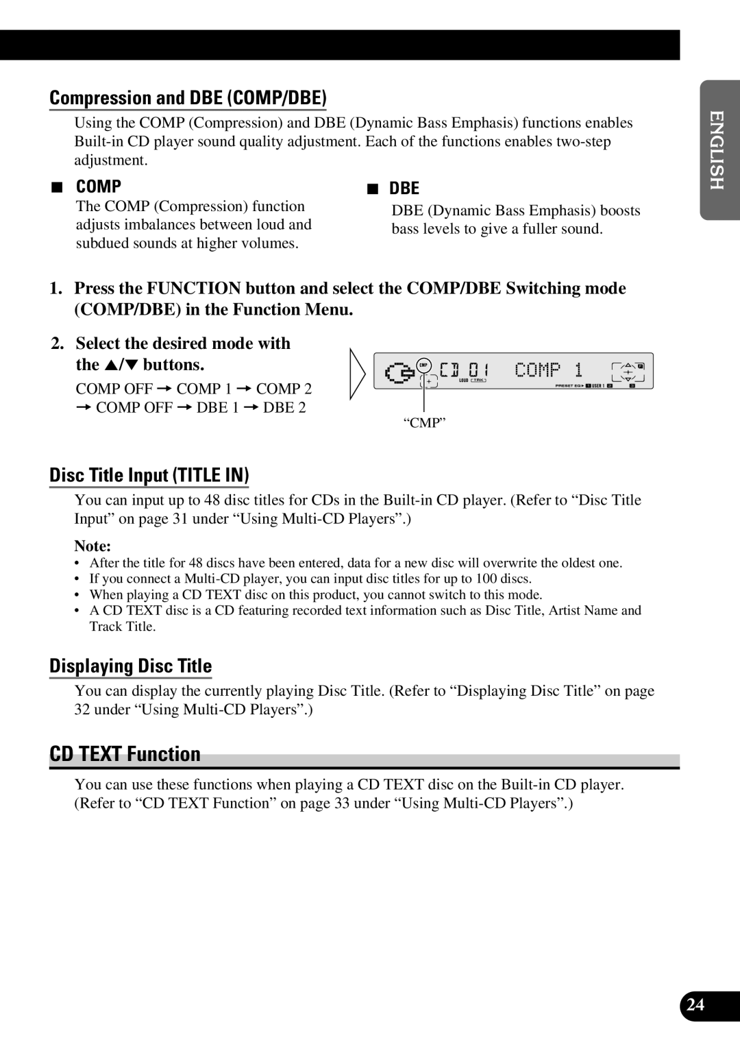 Pioneer FH-P8800 CD Text Function, Compression and DBE COMP/DBE, Disc Title Input Title, Displaying Disc Title, Dbe 