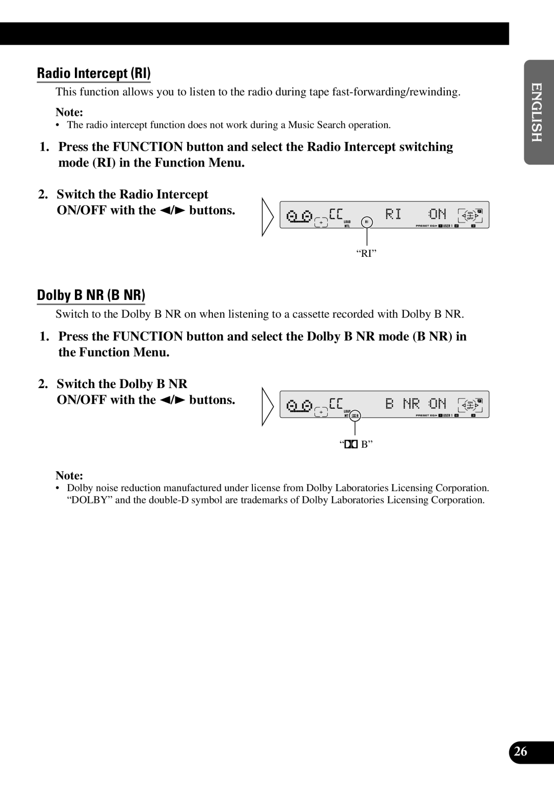 Pioneer FH-P8800 operation manual Radio Intercept RI, Dolby B NR B NR 