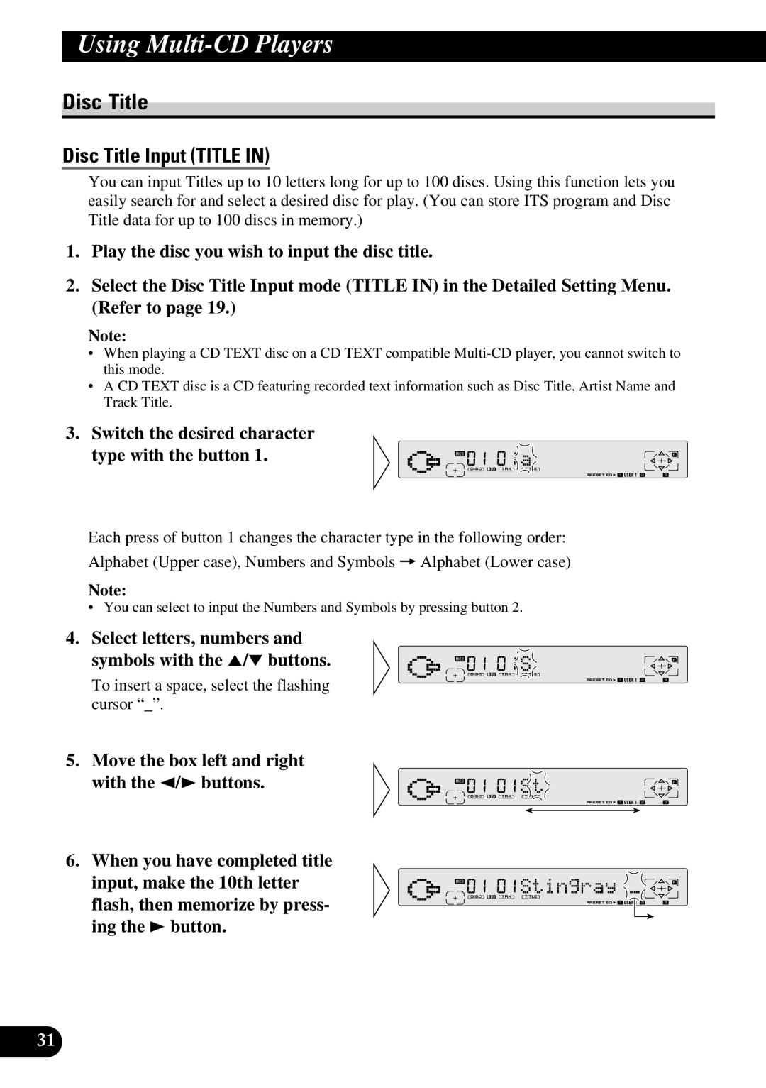 Pioneer FH-P8800 operation manual Disc Title, Switch the desired character Type with the button 