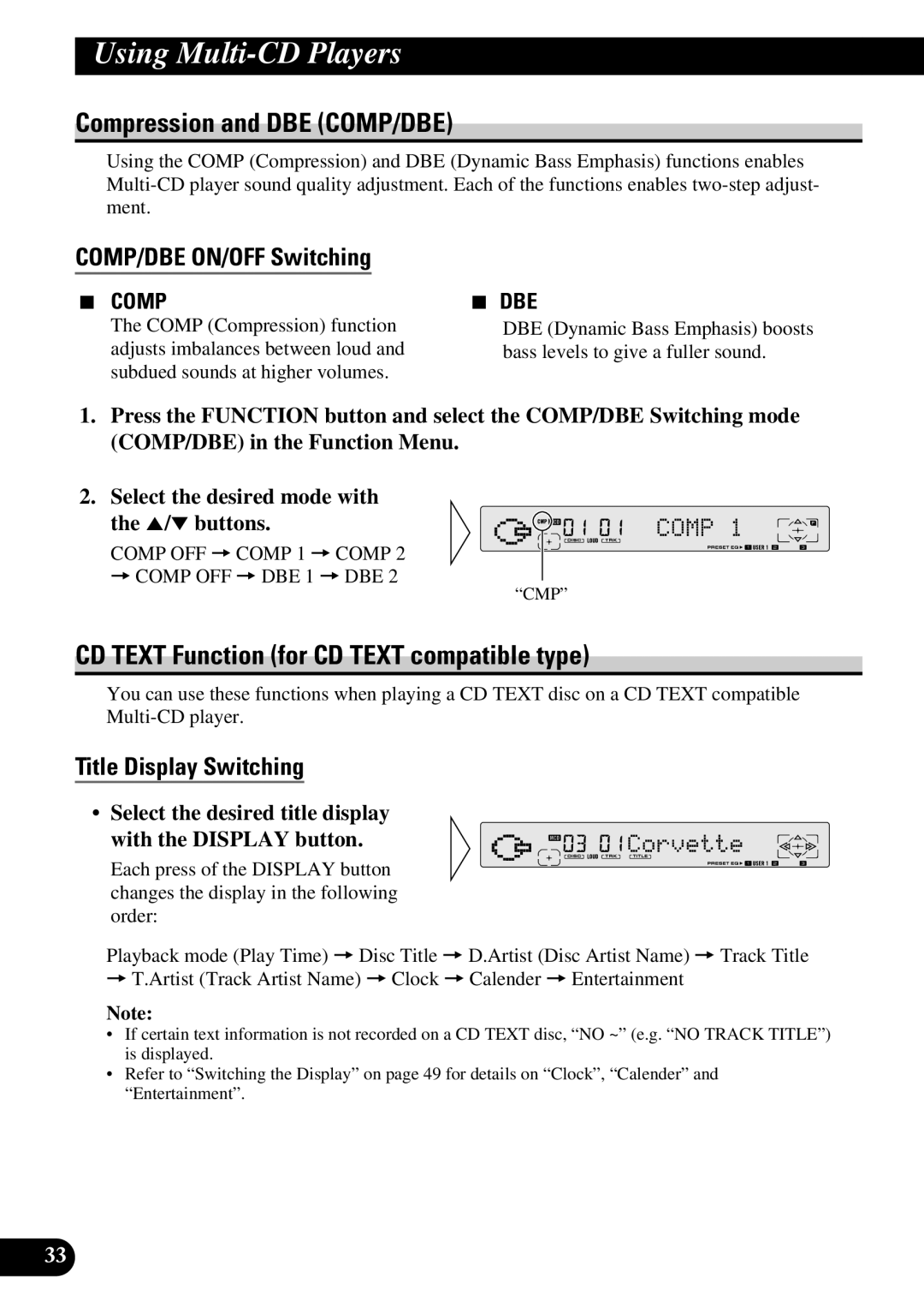 Pioneer FH-P8800 Compression and DBE COMP/DBE, CD Text Function for CD Text compatible type, COMP/DBE ON/OFF Switching 