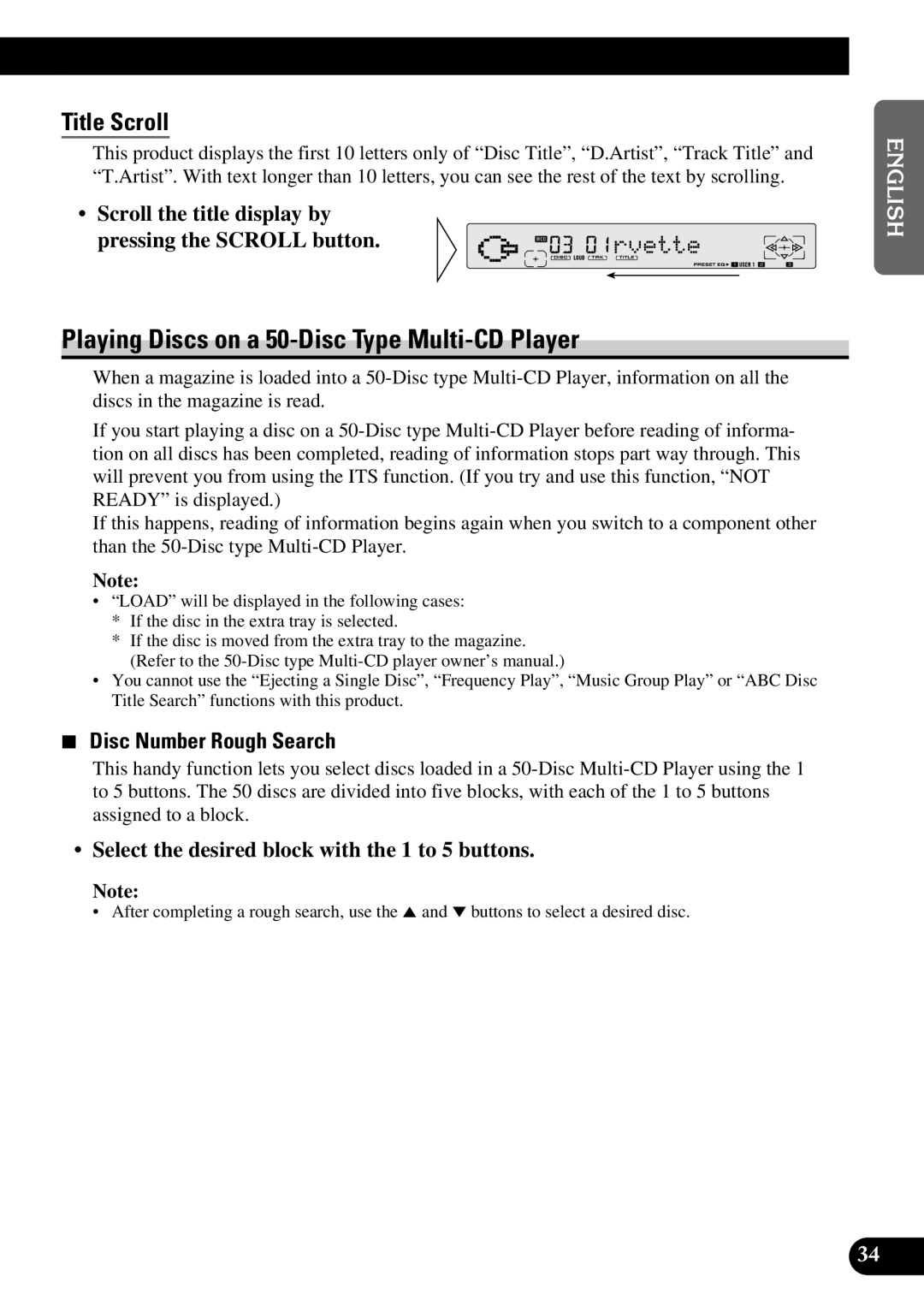 Pioneer FH-P8800 operation manual Playing Discs on a 50-Disc Type Multi-CD Player, Title Scroll, Disc Number Rough Search 