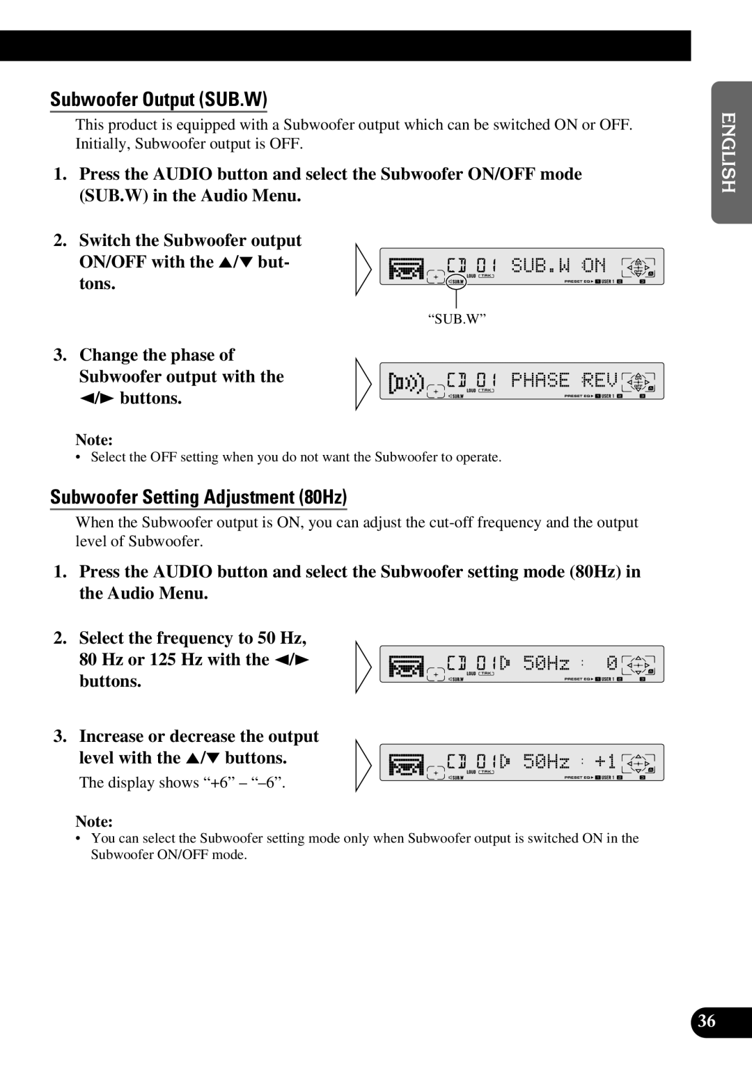 Pioneer FH-P8800 operation manual Subwoofer Output SUB.W, Subwoofer Setting Adjustment 80Hz 