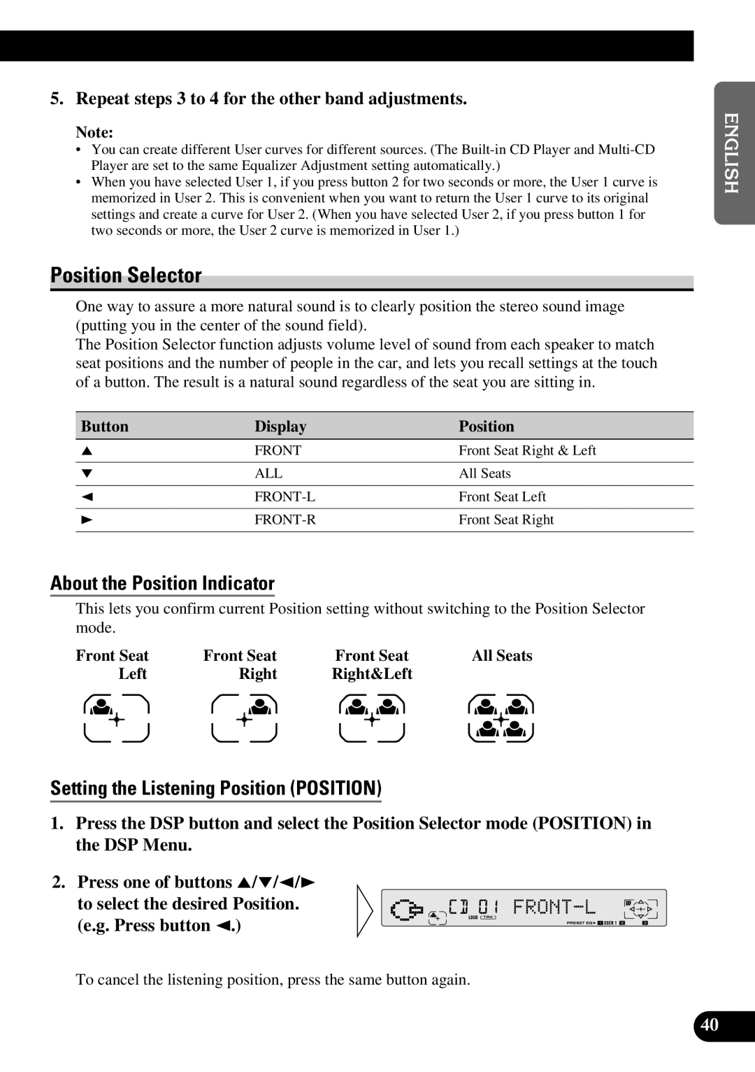 Pioneer FH-P8800 operation manual Position Selector, About the Position Indicator, Setting the Listening Position Position 