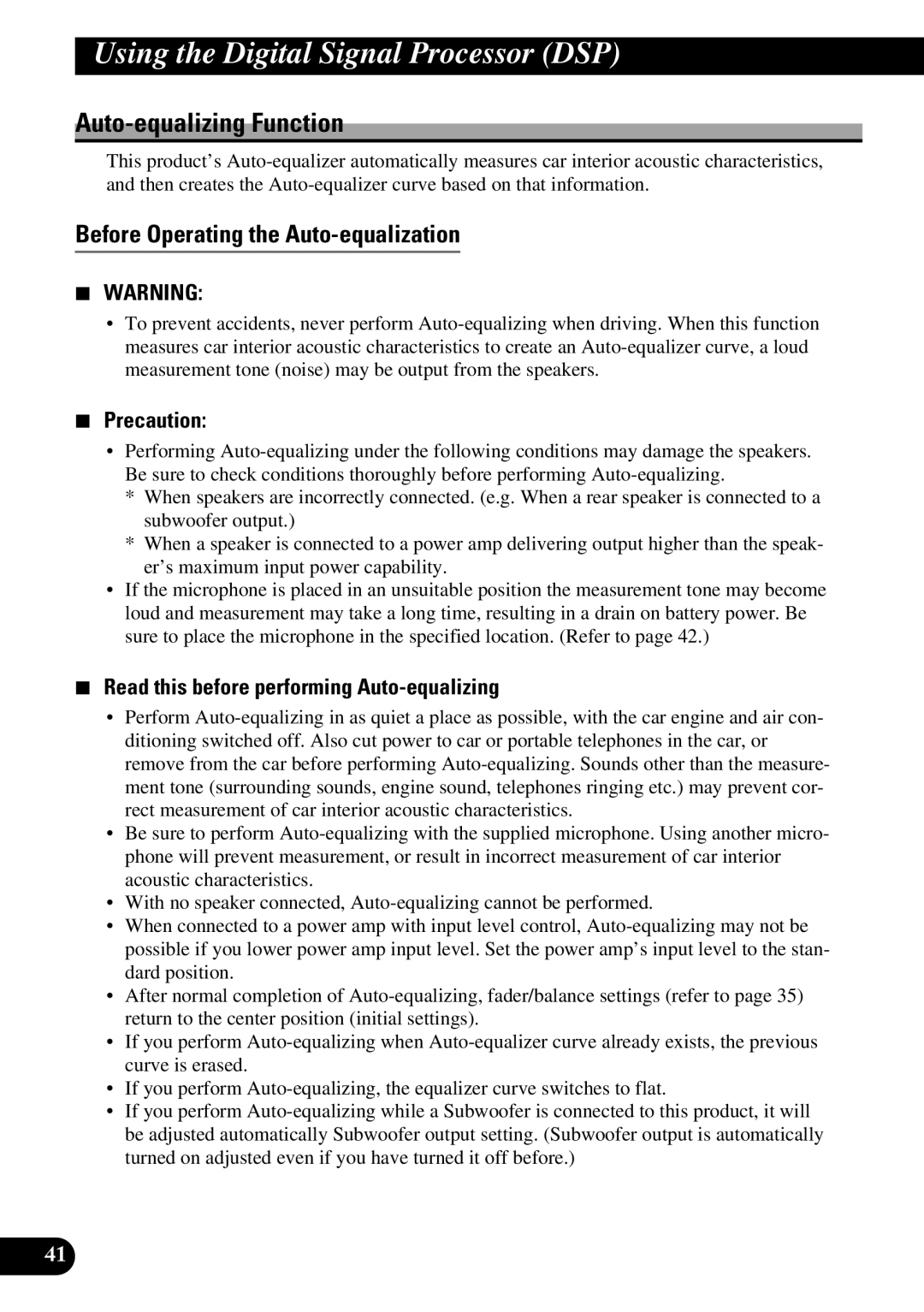 Pioneer FH-P8800 operation manual Auto-equalizing Function, Before Operating the Auto-equalization, Precaution 