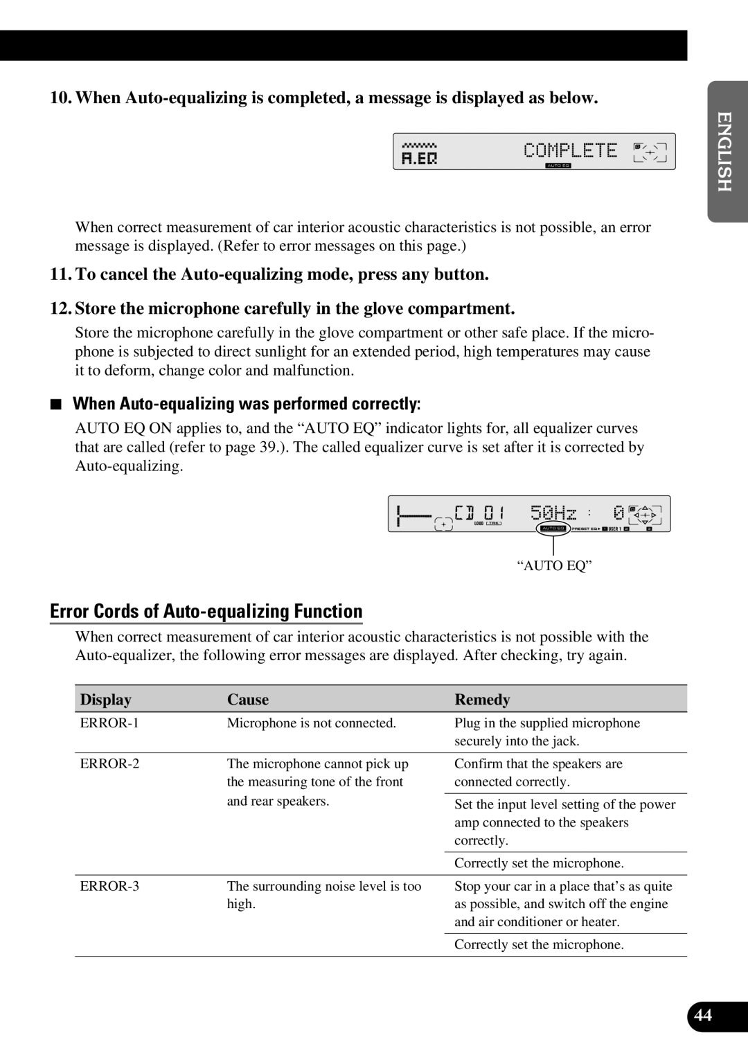 Pioneer FH-P8800 operation manual Error Cords of Auto-equalizing Function, When Auto-equalizing was performed correctly 