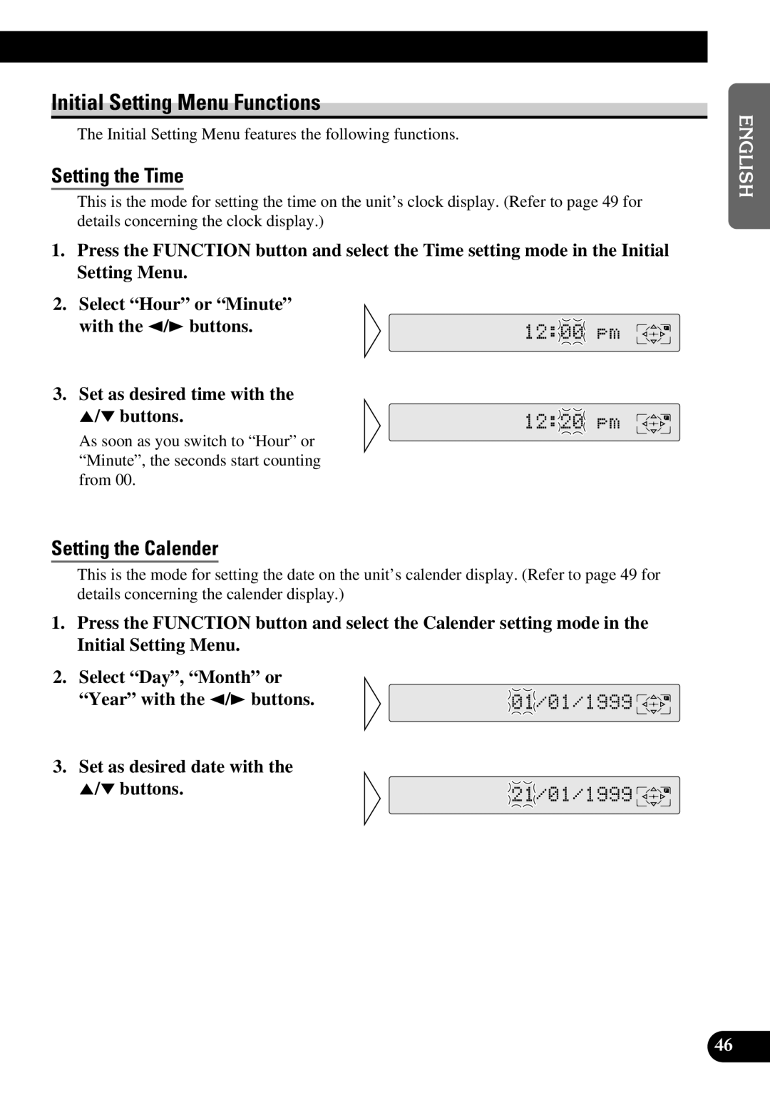 Pioneer FH-P8800 operation manual Initial Setting Menu Functions, Setting the Time, Setting the Calender 