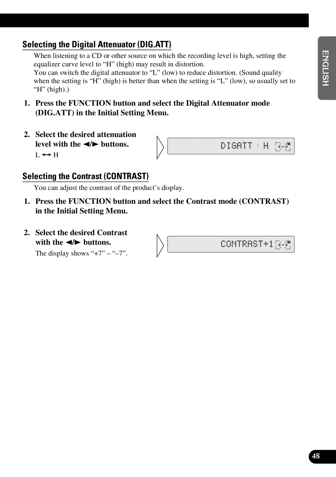 Pioneer FH-P8800 operation manual Selecting the Digital Attenuator DIG.ATT, Selecting the Contrast Contrast 