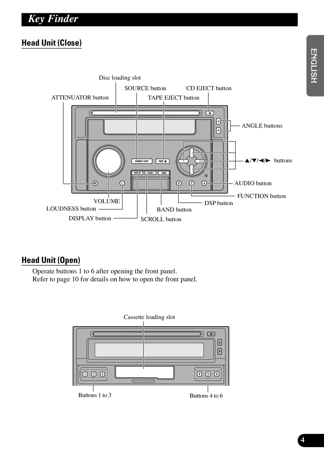 Pioneer FH-P8800 operation manual Key Finder, Head Unit Close, Head Unit Open 