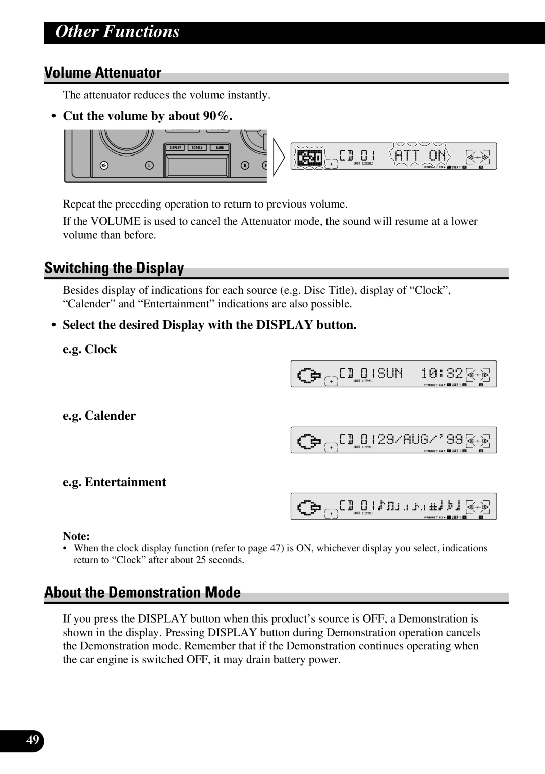 Pioneer FH-P8800 operation manual Other Functions, Volume Attenuator, Switching the Display, About the Demonstration Mode 