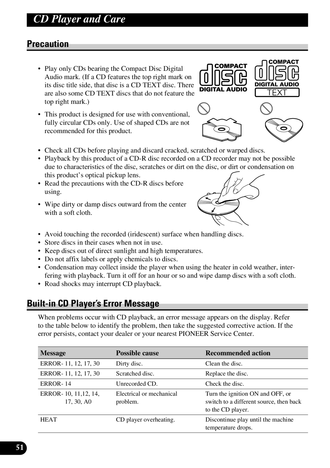 Pioneer FH-P8800 operation manual CD Player and Care, Built-in CD Player’s Error Message 