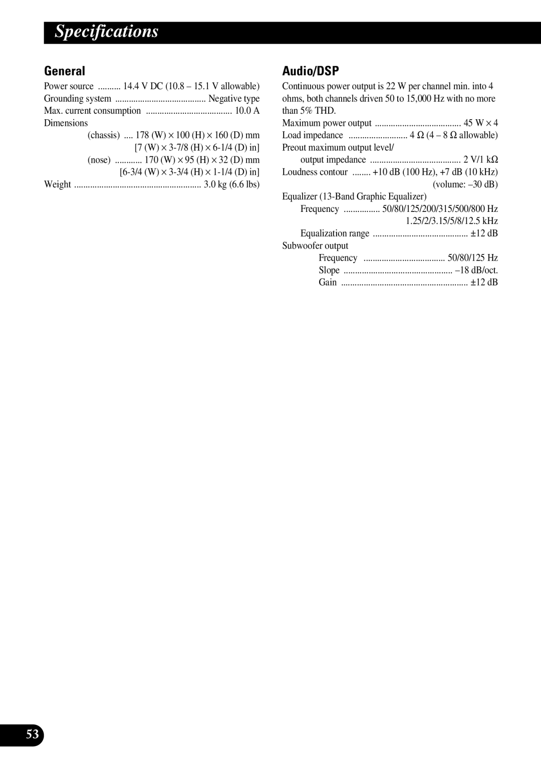 Pioneer FH-P8800 operation manual Specifications, General, Audio/DSP 