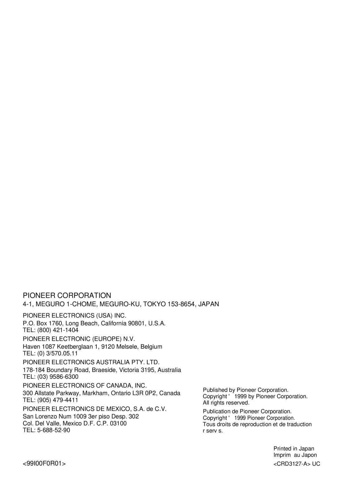 Pioneer FH-P8800 operation manual Pioneer Corporation 