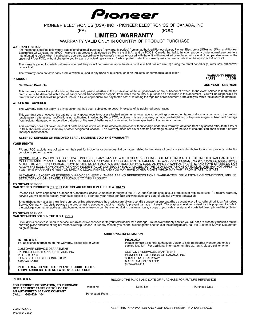 Pioneer FH-P8800 operation manual 