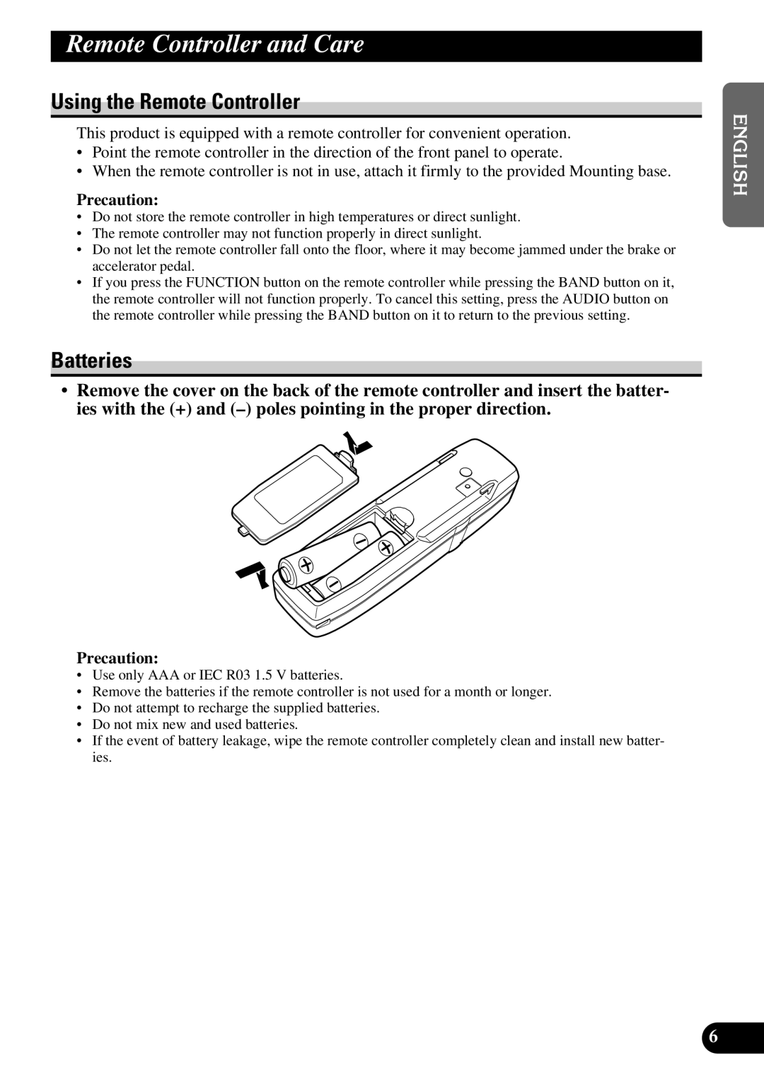 Pioneer FH-P8800 operation manual Remote Controller and Care, Using the Remote Controller, Batteries 