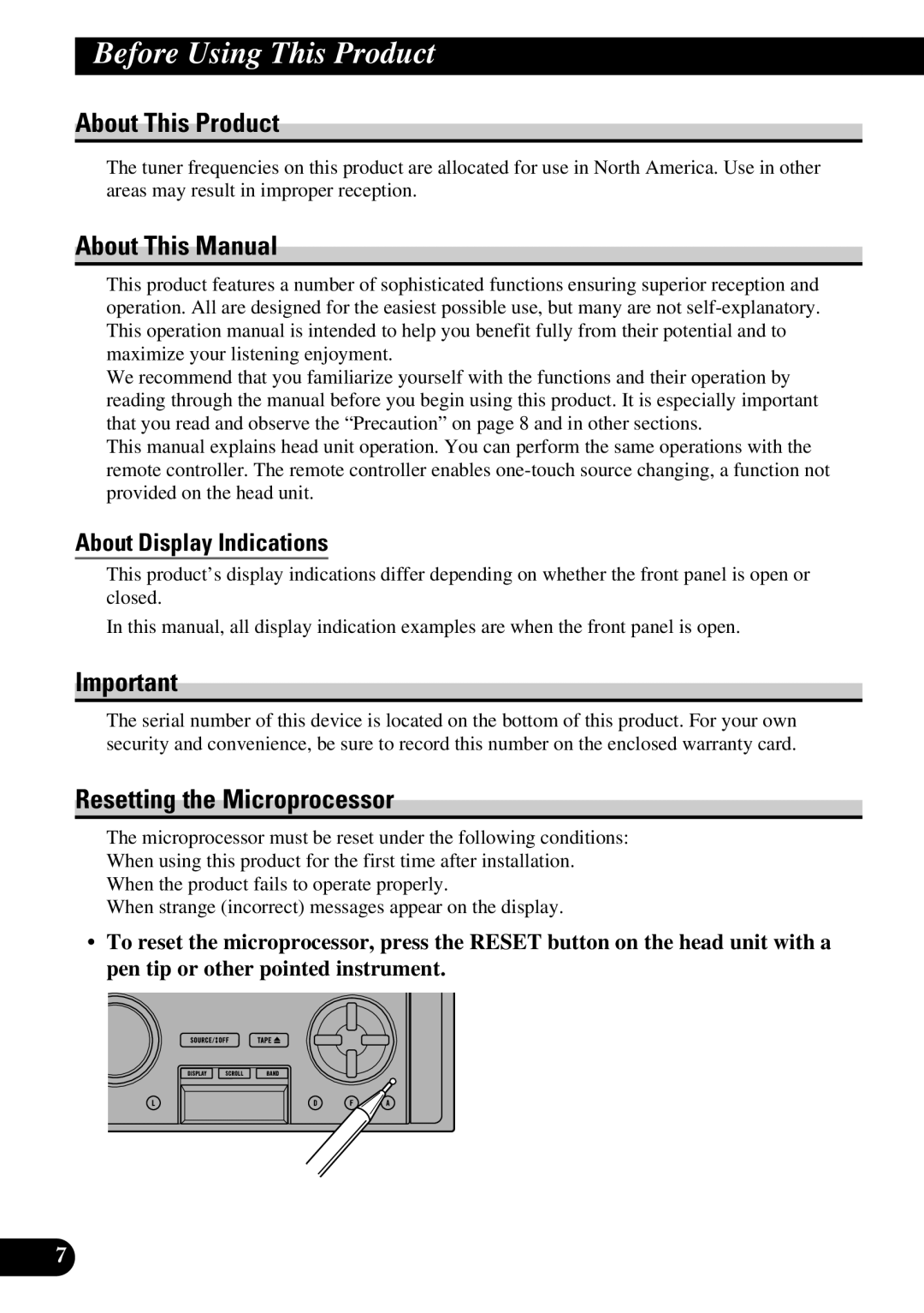 Pioneer FH-P8800 Before Using This Product, About This Product, About This Manual, Resetting the Microprocessor 