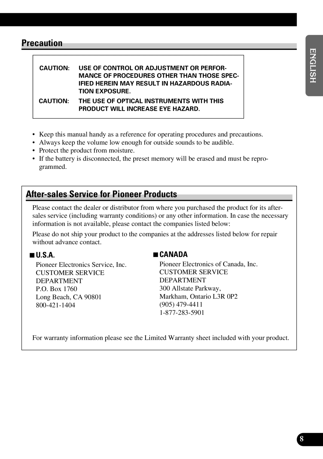 Pioneer FH-P8800 operation manual Precaution, After-sales Service for Pioneer Products, 7U.S.A 