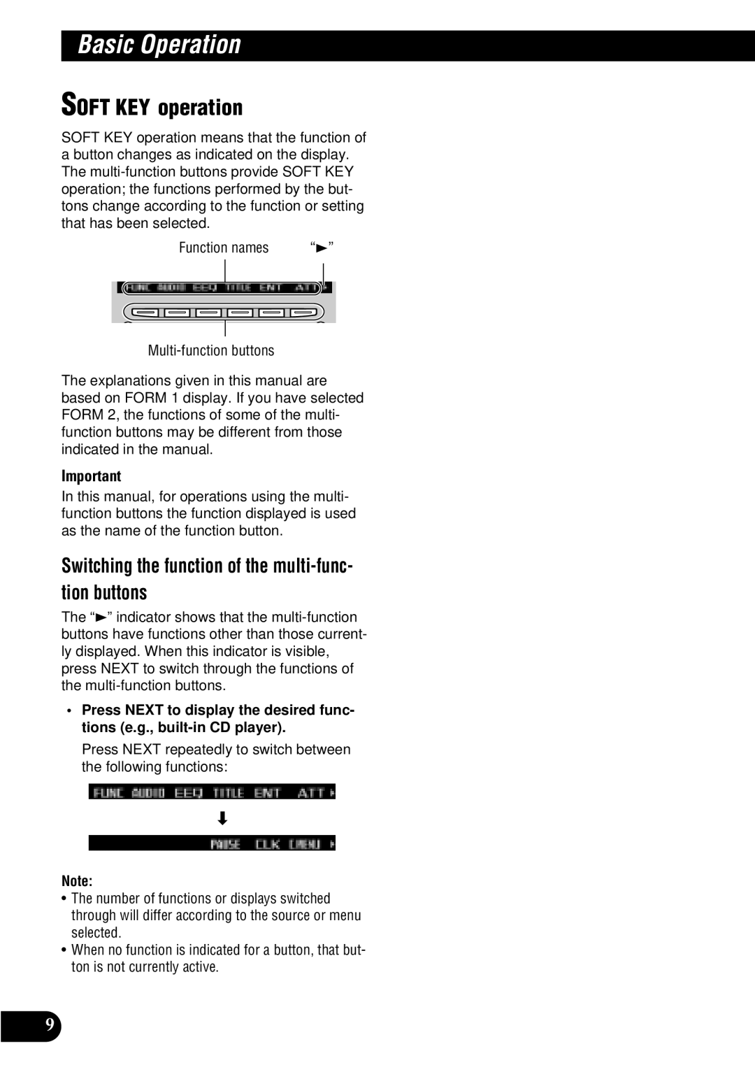 Pioneer FH-P8900MD operation manual Soft KEY operation, Switching the function of the multi-func- tion buttons 