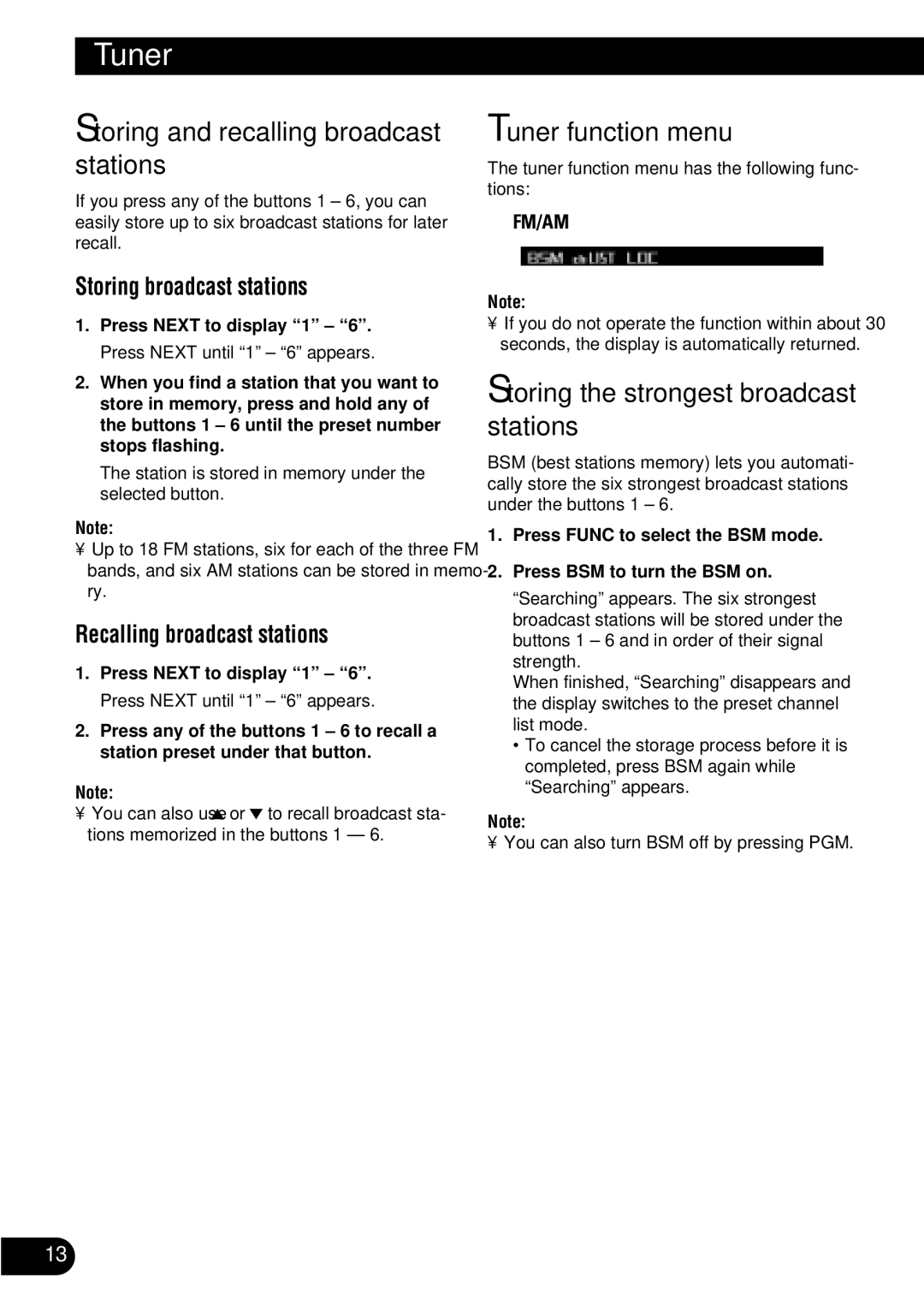 Pioneer FH-P8900MD Storing and recalling broadcast stations, Tuner function menu, Storing the strongest broadcast stations 