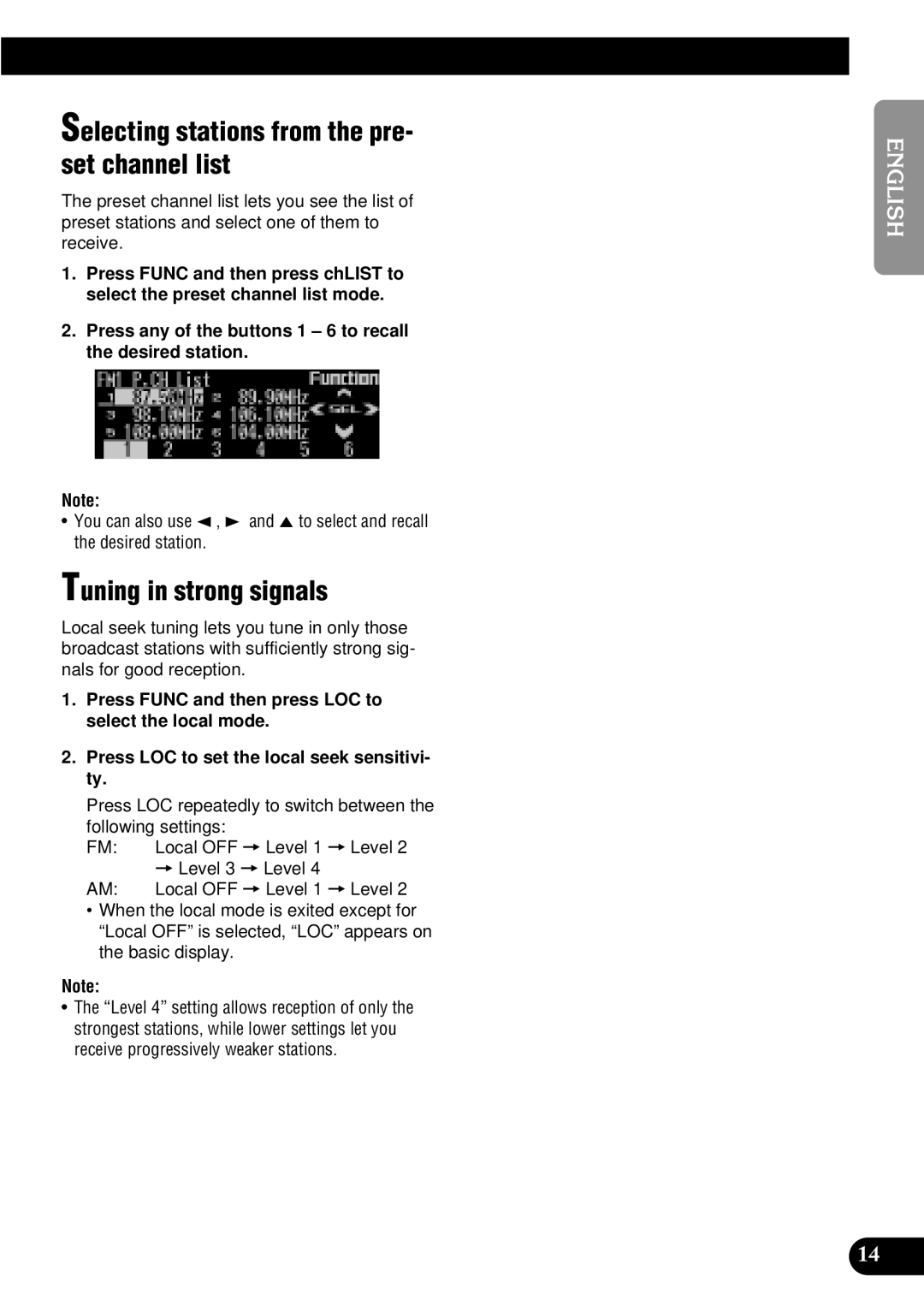 Pioneer FH-P8900MD operation manual Selecting stations from the pre- set channel list, Tuning in strong signals 