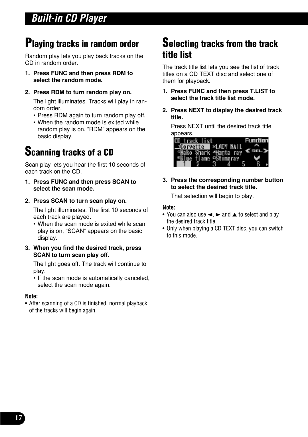 Pioneer FH-P8900MD Playing tracks in random order, Scanning tracks of a CD, Selecting tracks from the track title list 