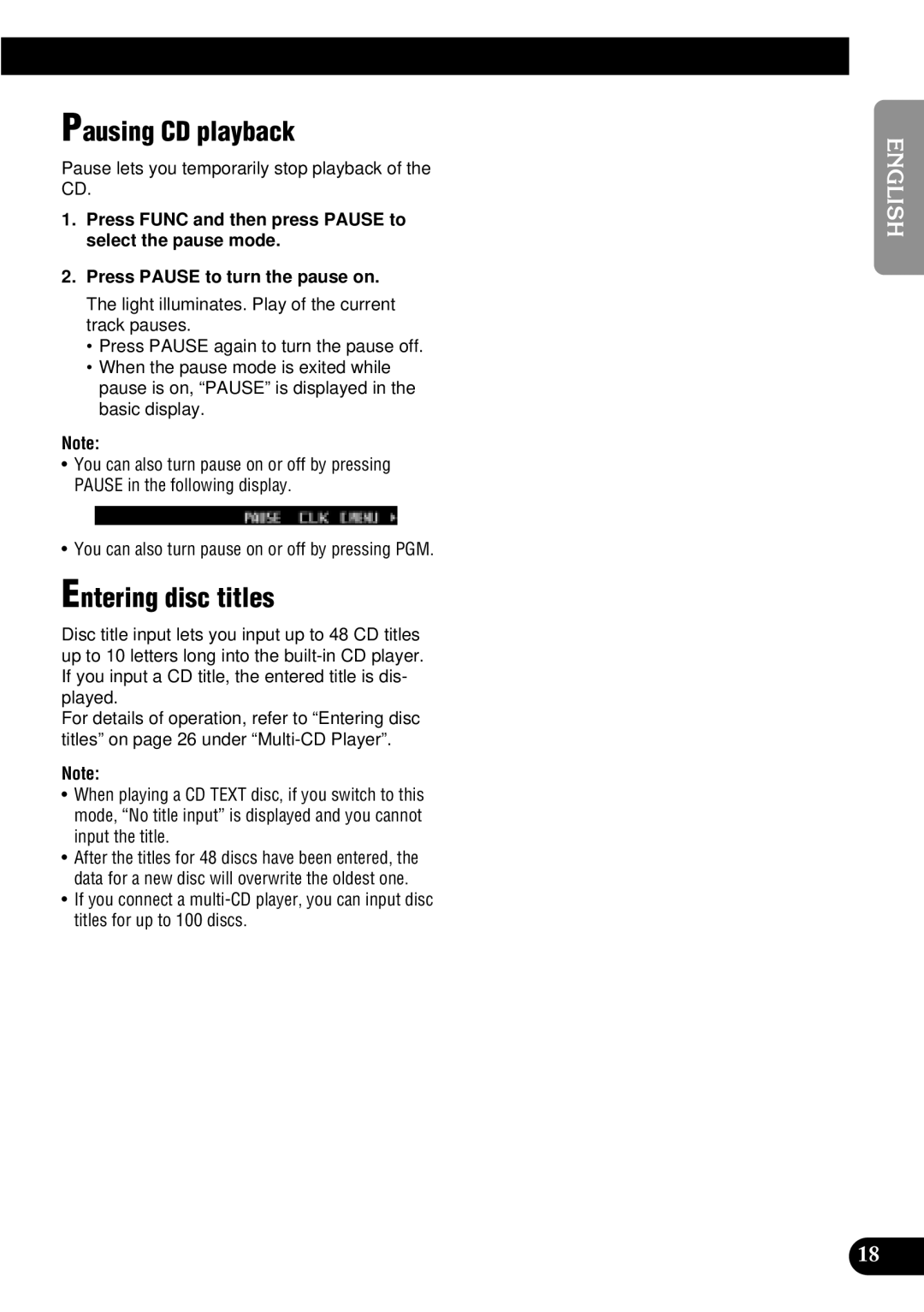 Pioneer FH-P8900MD Pausing CD playback, Entering disc titles, Pause lets you temporarily stop playback of the CD 