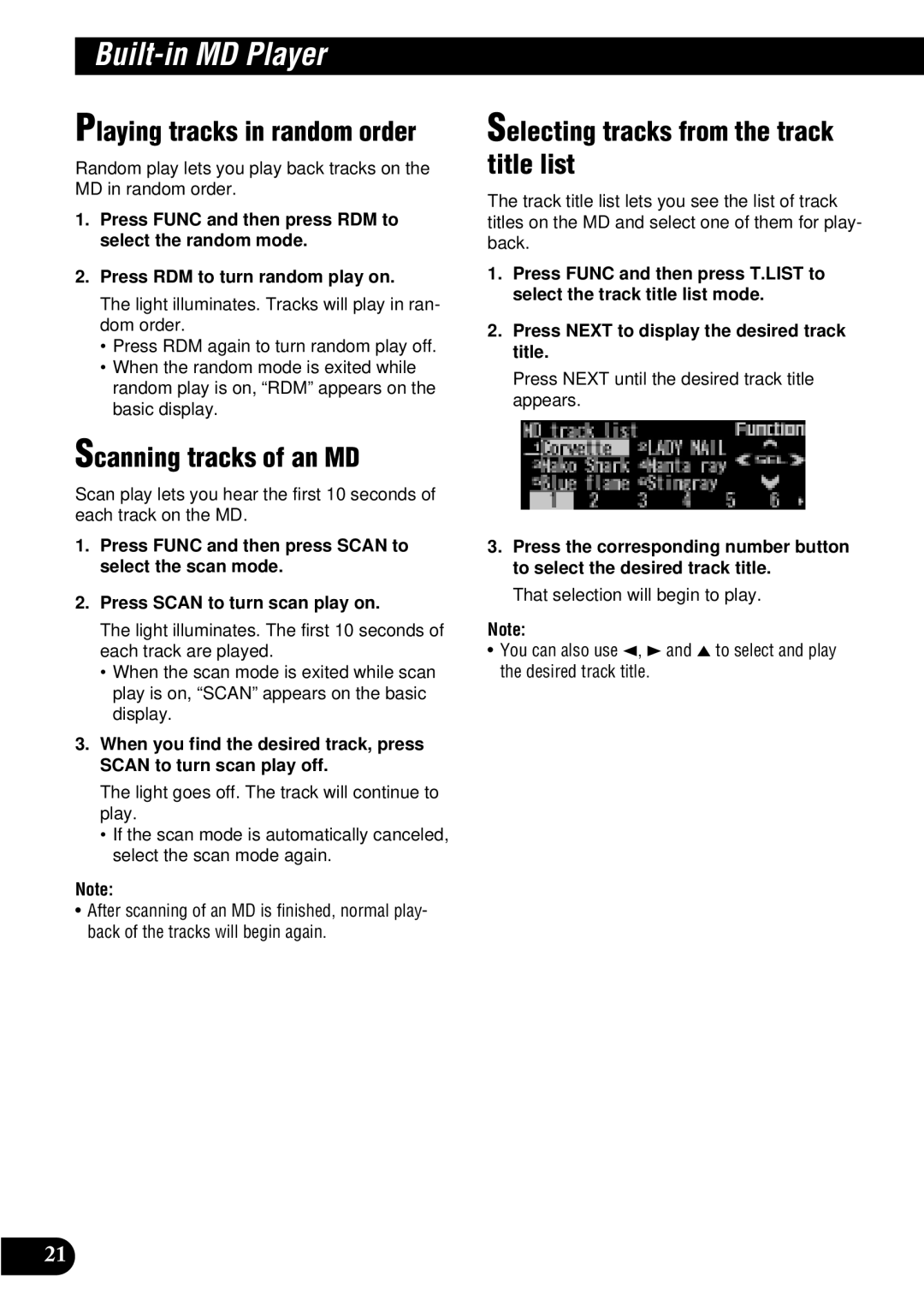 Pioneer FH-P8900MD operation manual Playing tracks in random order, Scanning tracks of an MD 