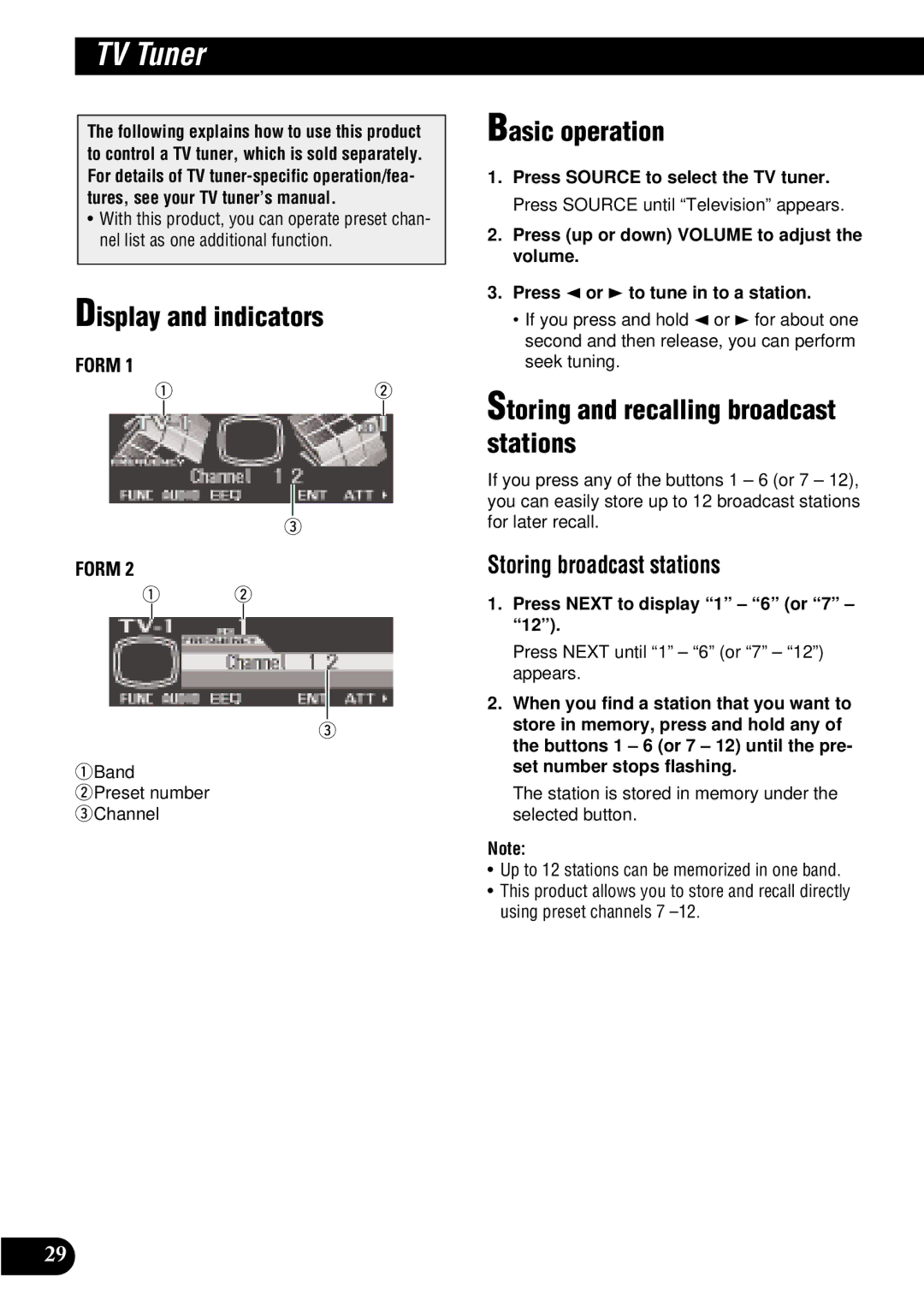 Pioneer FH-P8900MD operation manual TV Tuner, QBand WPreset number eChannel 