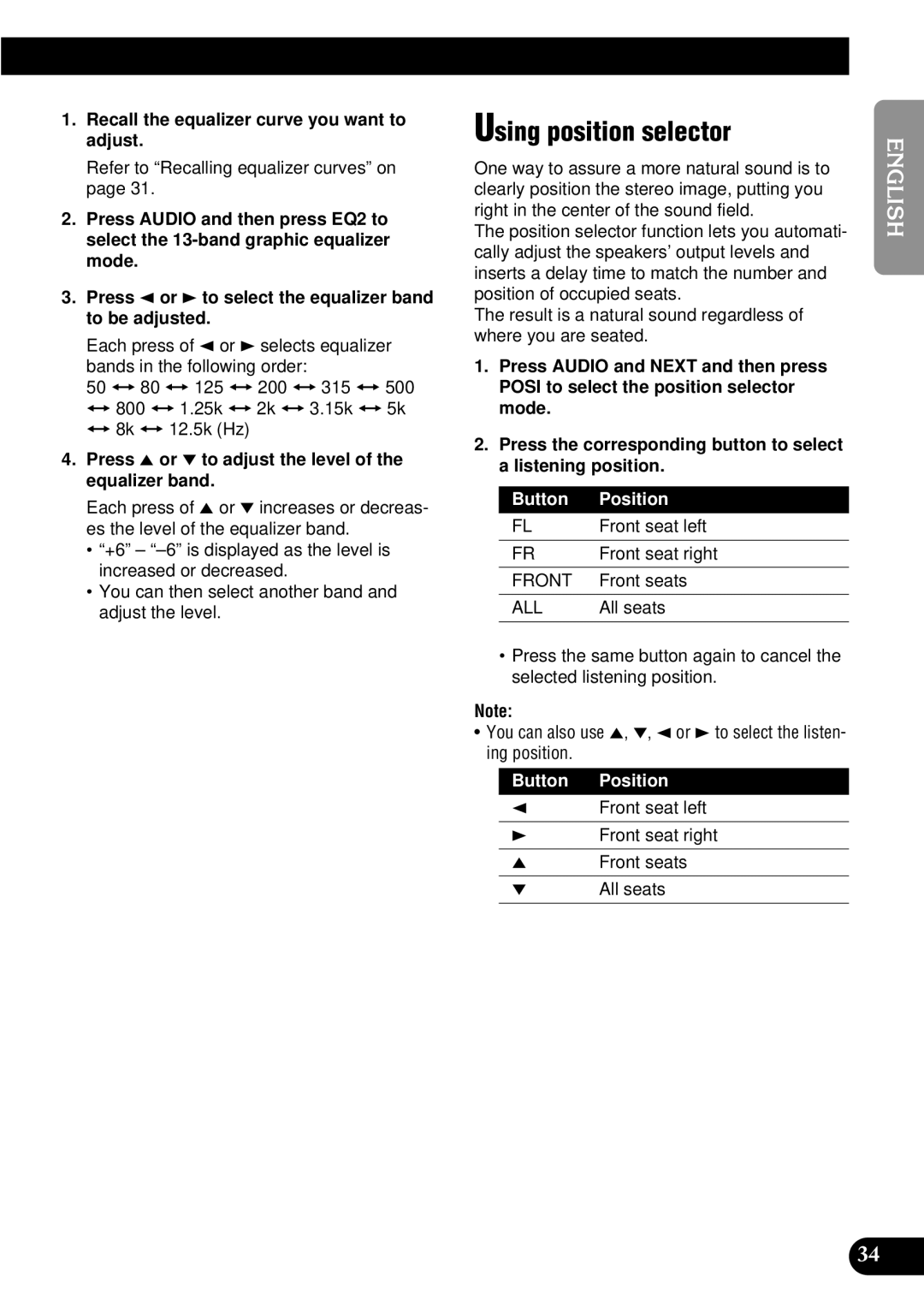 Pioneer FH-P8900MD operation manual Using position selector, Recall the equalizer curve you want to adjust, Button Position 