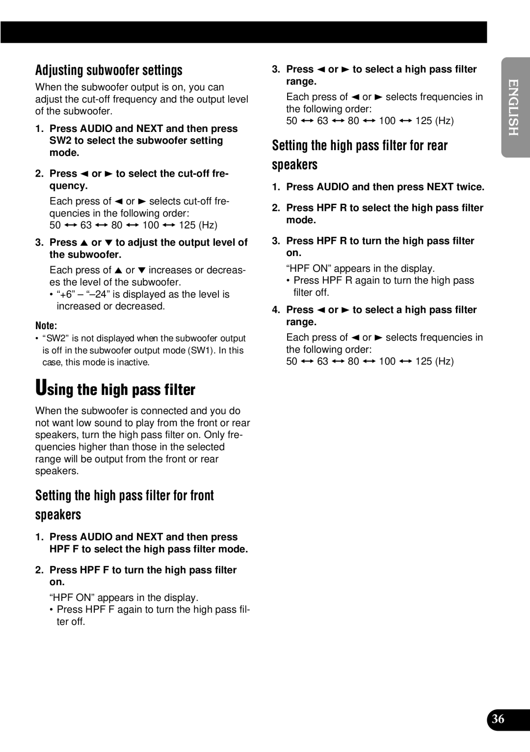 Pioneer FH-P8900MD operation manual Using the high pass filter, Adjusting subwoofer settings 