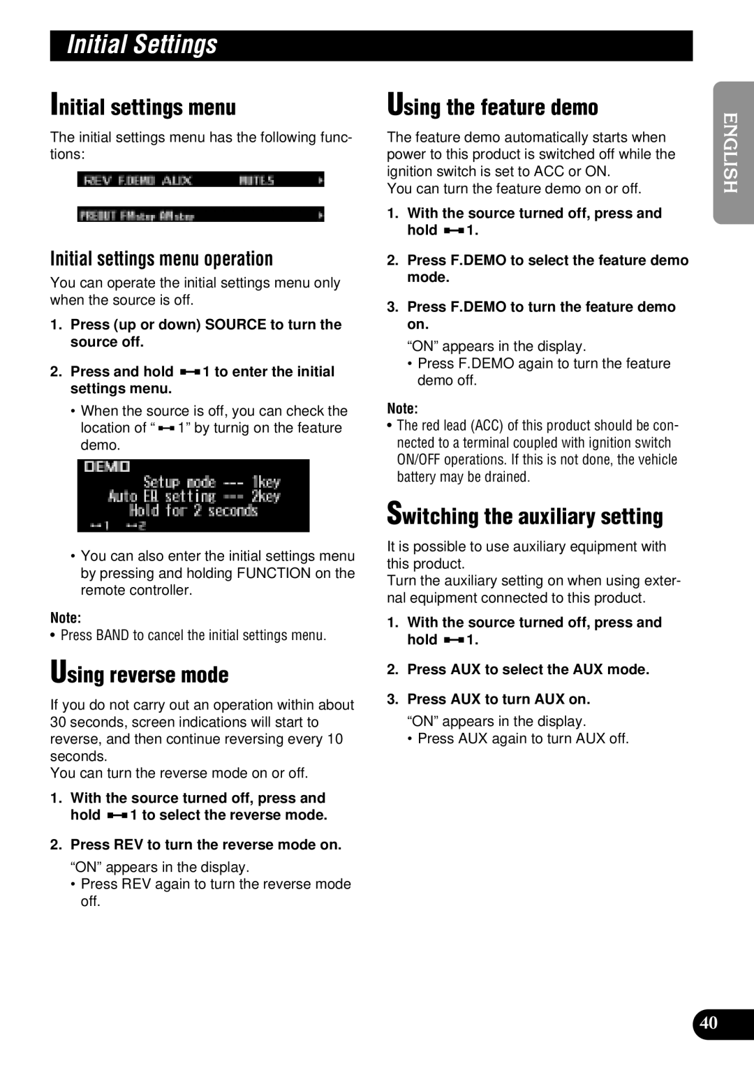 Pioneer FH-P8900MD operation manual Initial Settings, Initial settings menu, Using reverse mode, Using the feature demo 