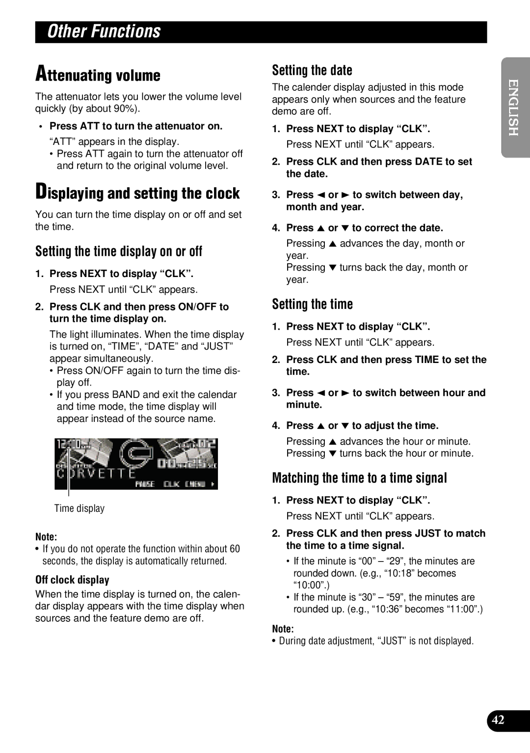 Pioneer FH-P8900MD operation manual Other Functions, Attenuating volume, Displaying and setting the clock 