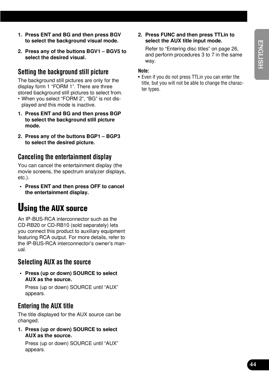 Pioneer FH-P8900MD operation manual Using the AUX source, Setting the background still picture, Selecting AUX as the source 