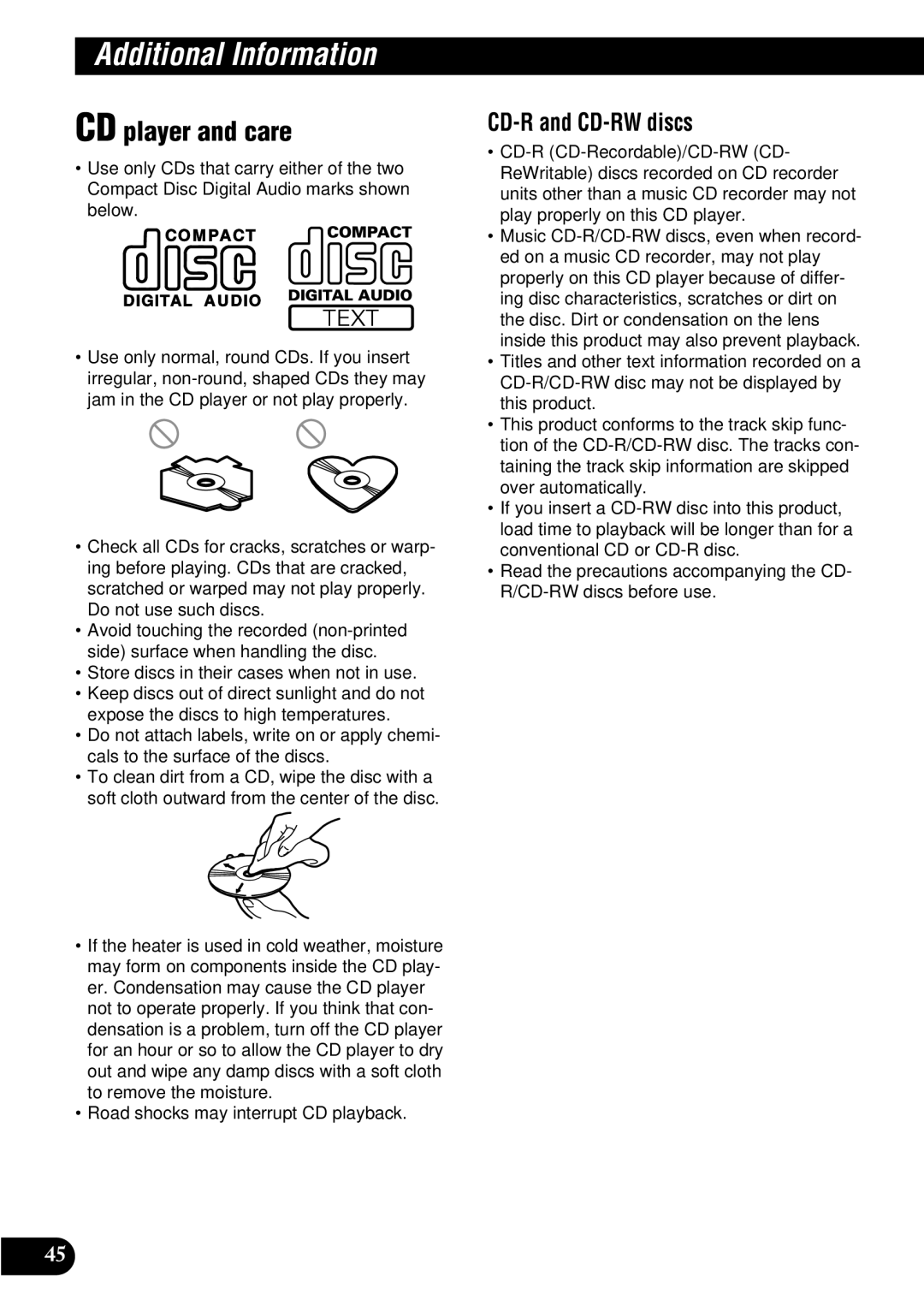 Pioneer FH-P8900MD operation manual Additional Information, CD player and care, CD-R and CD-RW discs 