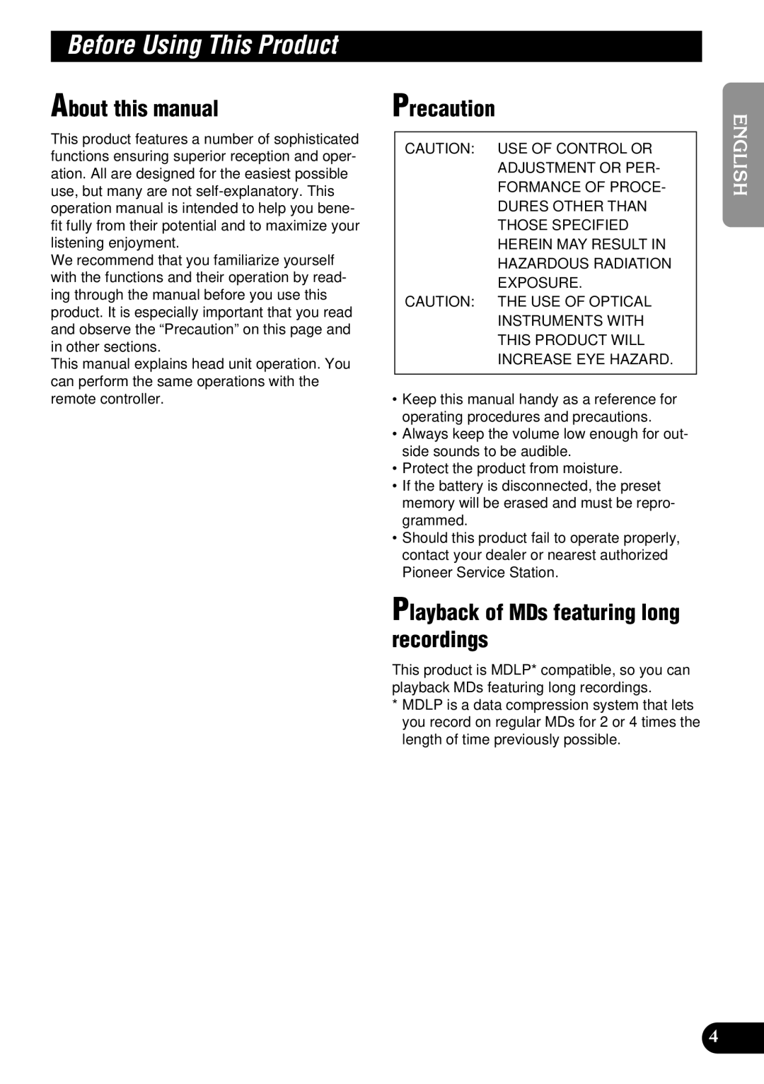 Pioneer FH-P8900MD operation manual About this manual, Precaution, Playback of MDs featuring long recordings 