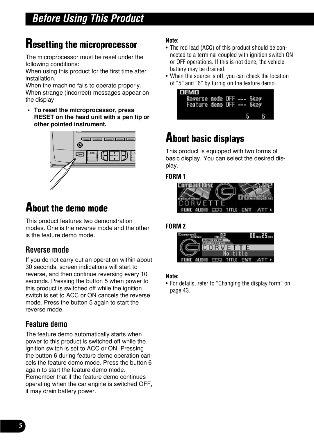 Pioneer FH-P8900MD Resetting the microprocessor, About the demo mode, About basic displays, Reverse mode, Feature demo 