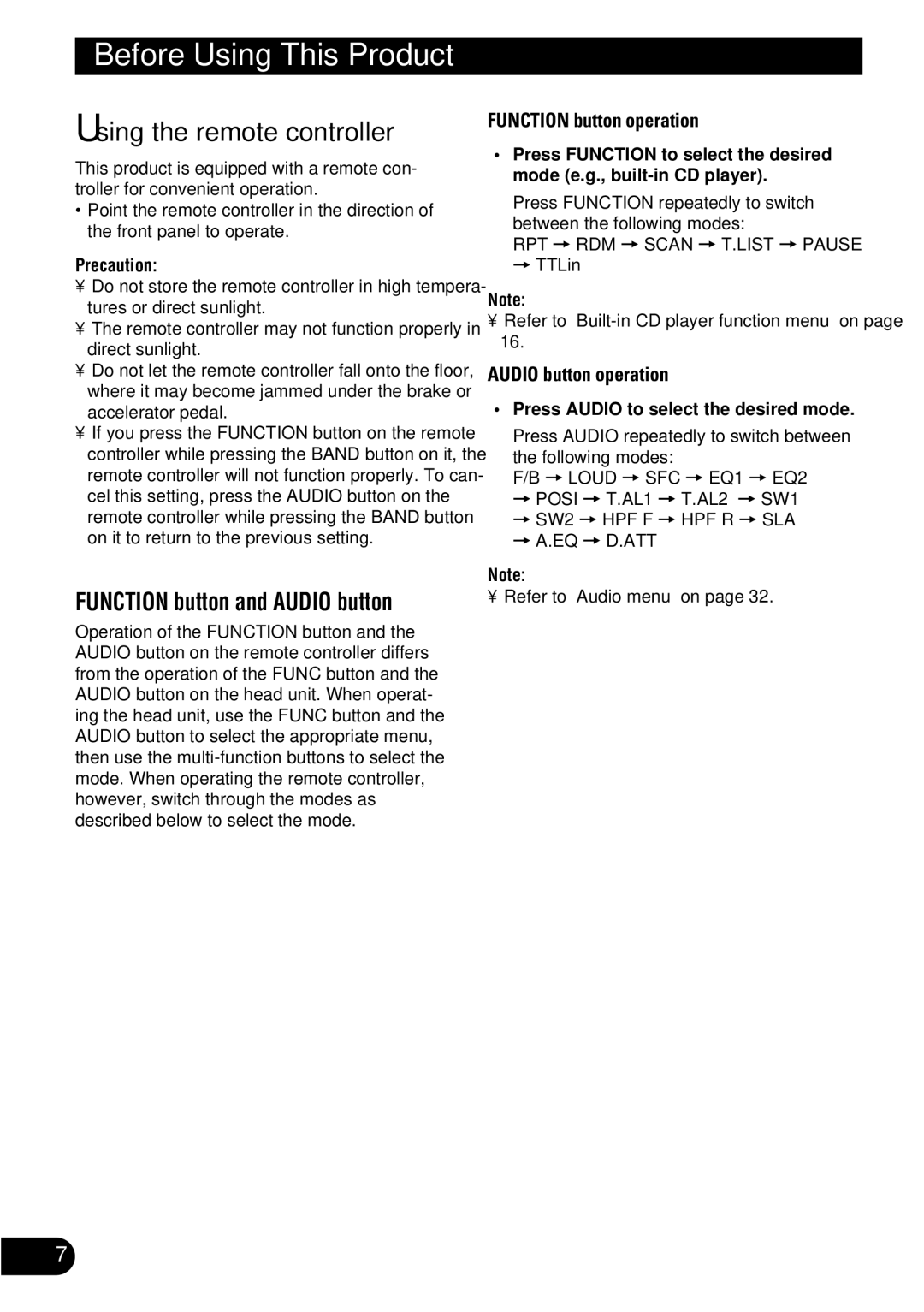 Pioneer FH-P8900MD operation manual Using the remote controller, Press Audio to select the desired mode 