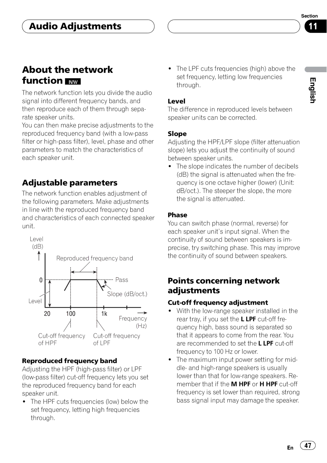 Pioneer FH-P9200MP operation manual Level dB Reproduced frequency band Pass 