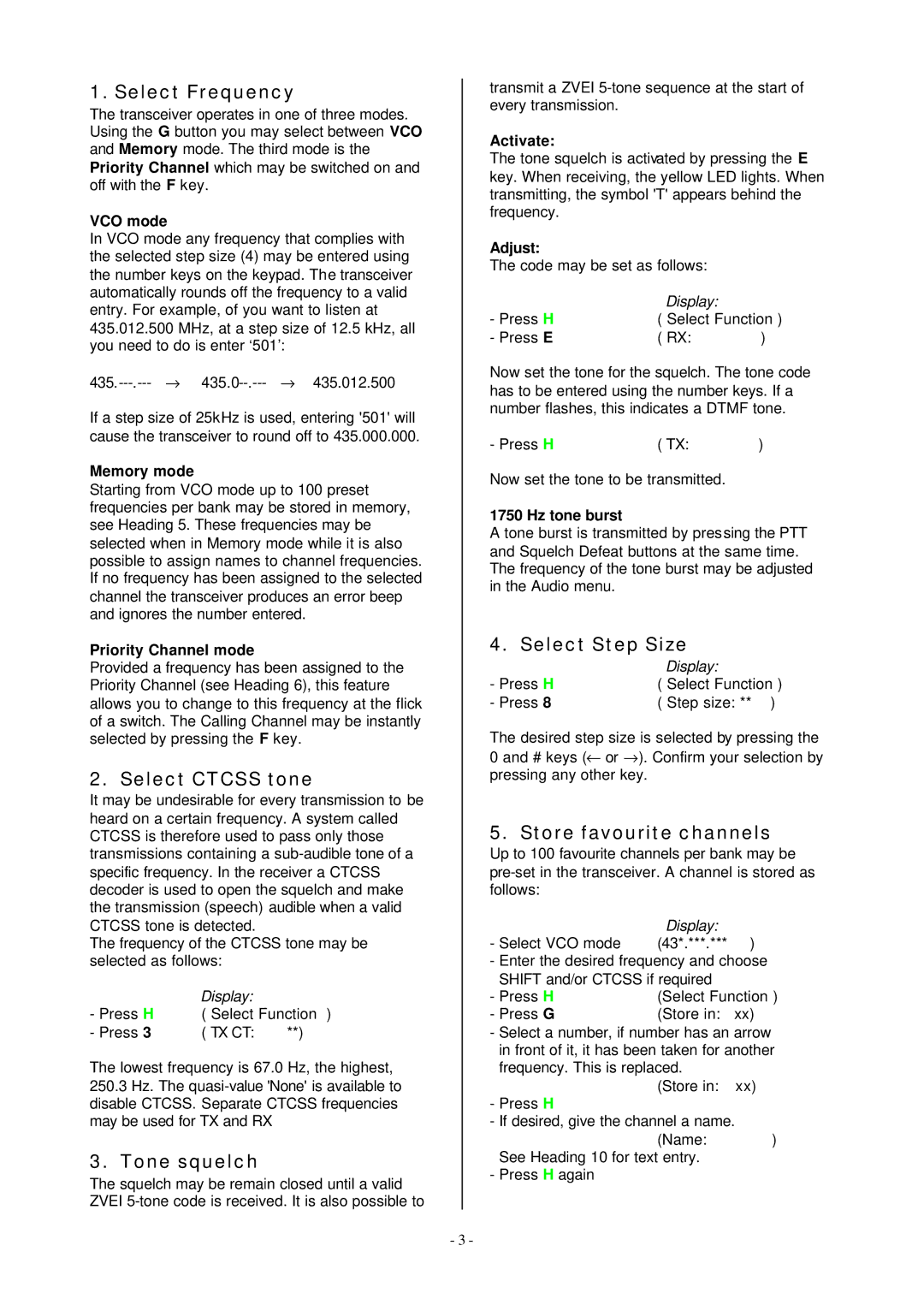 Pioneer FM1200 user manual Select Frequency, Select Ctcss tone, Tone squelch, Select Step Size, Store favourite channels 