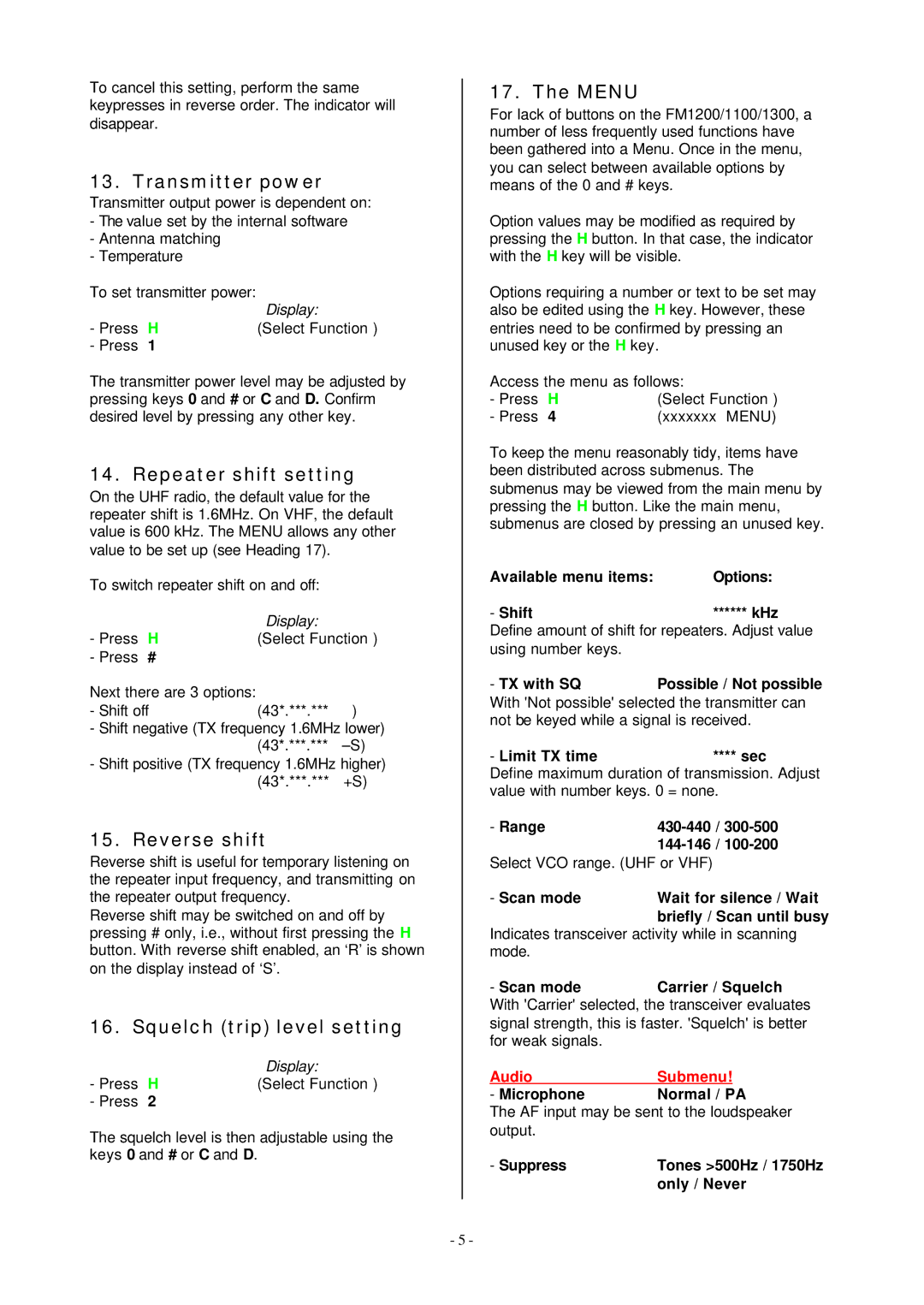 Pioneer FM1200 user manual Transmitter power, Repeater shift setting, Reverse shift, Squelch trip level setting, Menu 