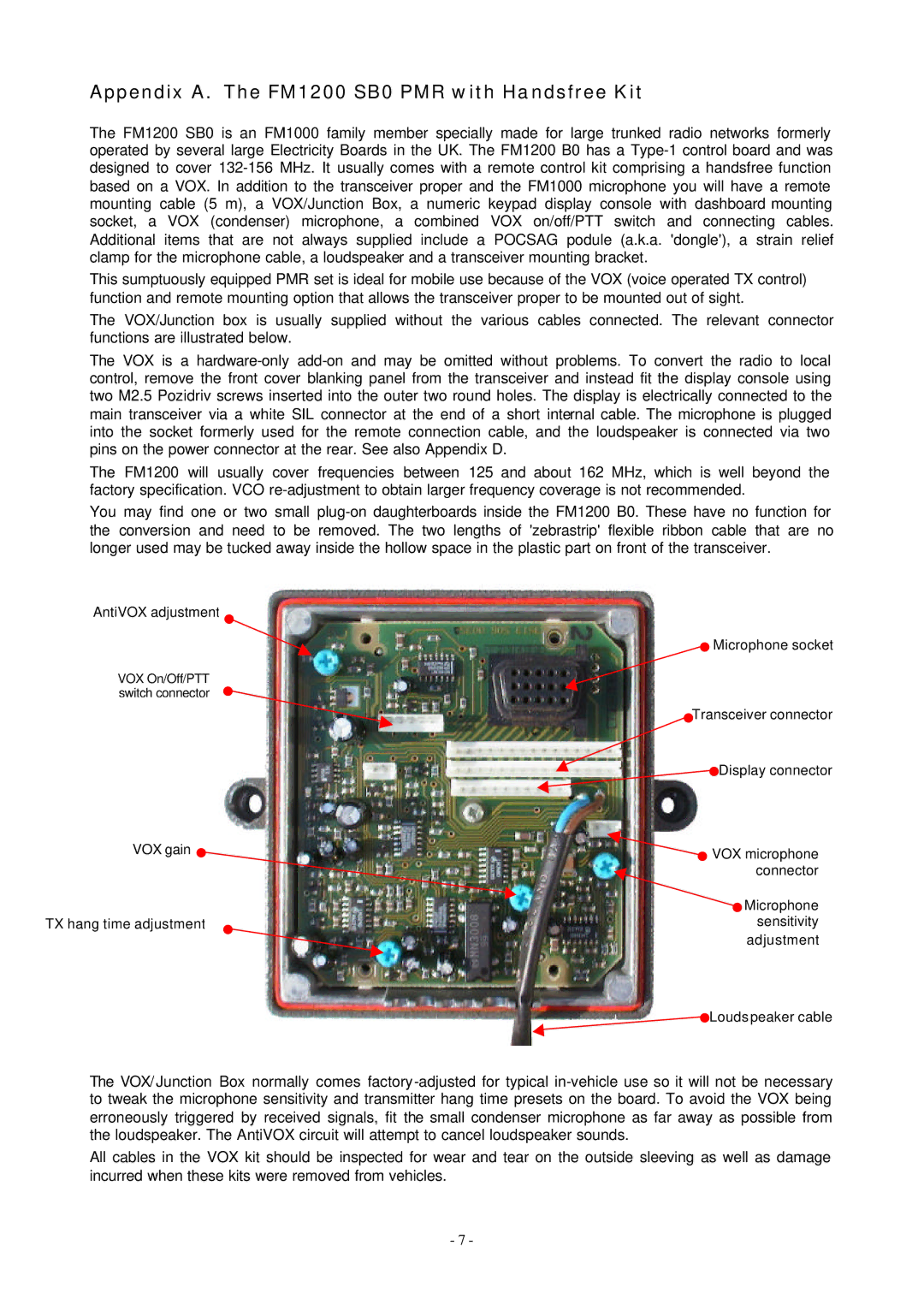 Pioneer user manual Appendix A. The FM1200 SB0 PMR with Handsfree Kit 