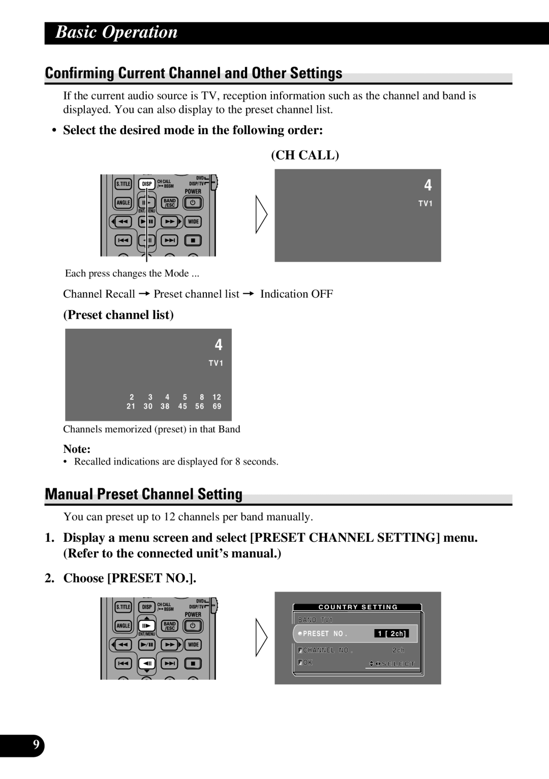 Pioneer GEX-6100TV Confirming Current Channel and Other Settings, Manual Preset Channel Setting, Preset channel list 