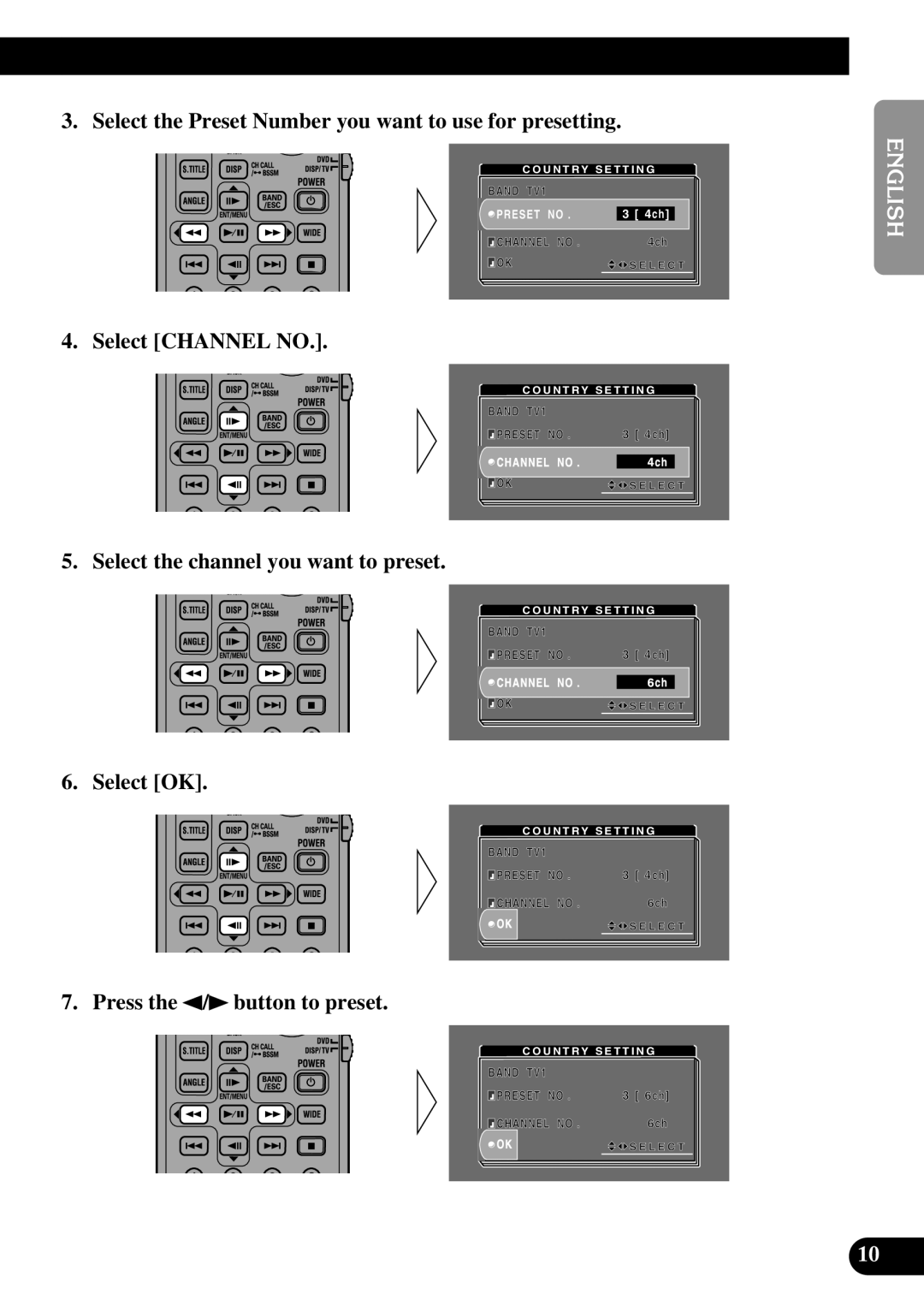 Pioneer GEX-6100TV owner manual Select the Preset Number you want to use for presetting, Select Channel no, Select OK 