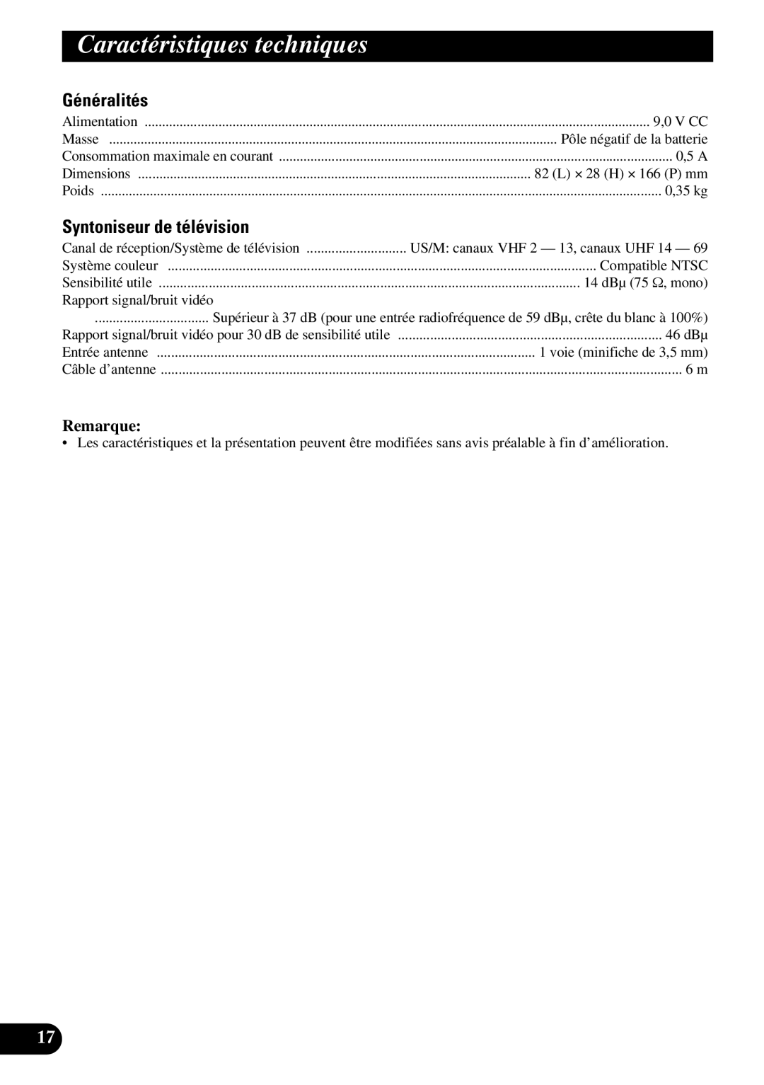 Pioneer GEX-6100TV owner manual Caractéristiques techniques, Généralités 