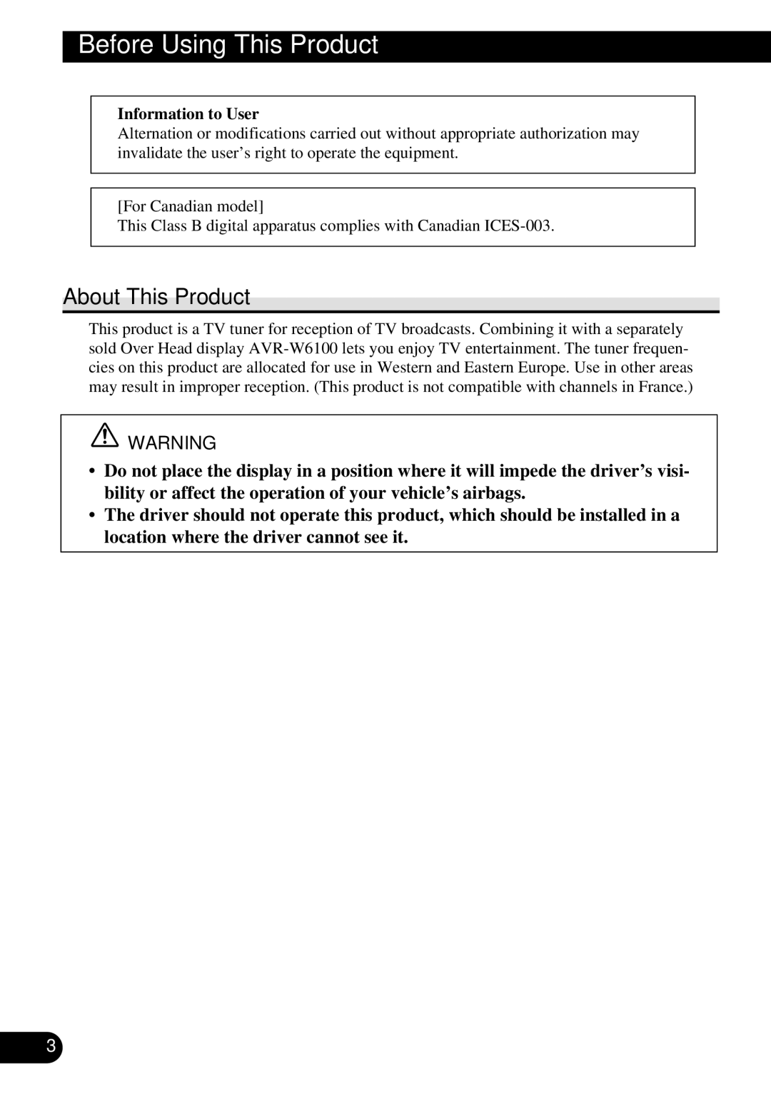 Pioneer GEX-6100TV owner manual Before Using This Product, About This Product 