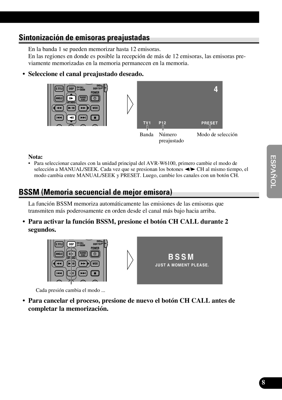 Pioneer GEX-6100TV owner manual Sintonización de emisoras preajustadas, Bssm Memoria secuencial de mejor emisora 